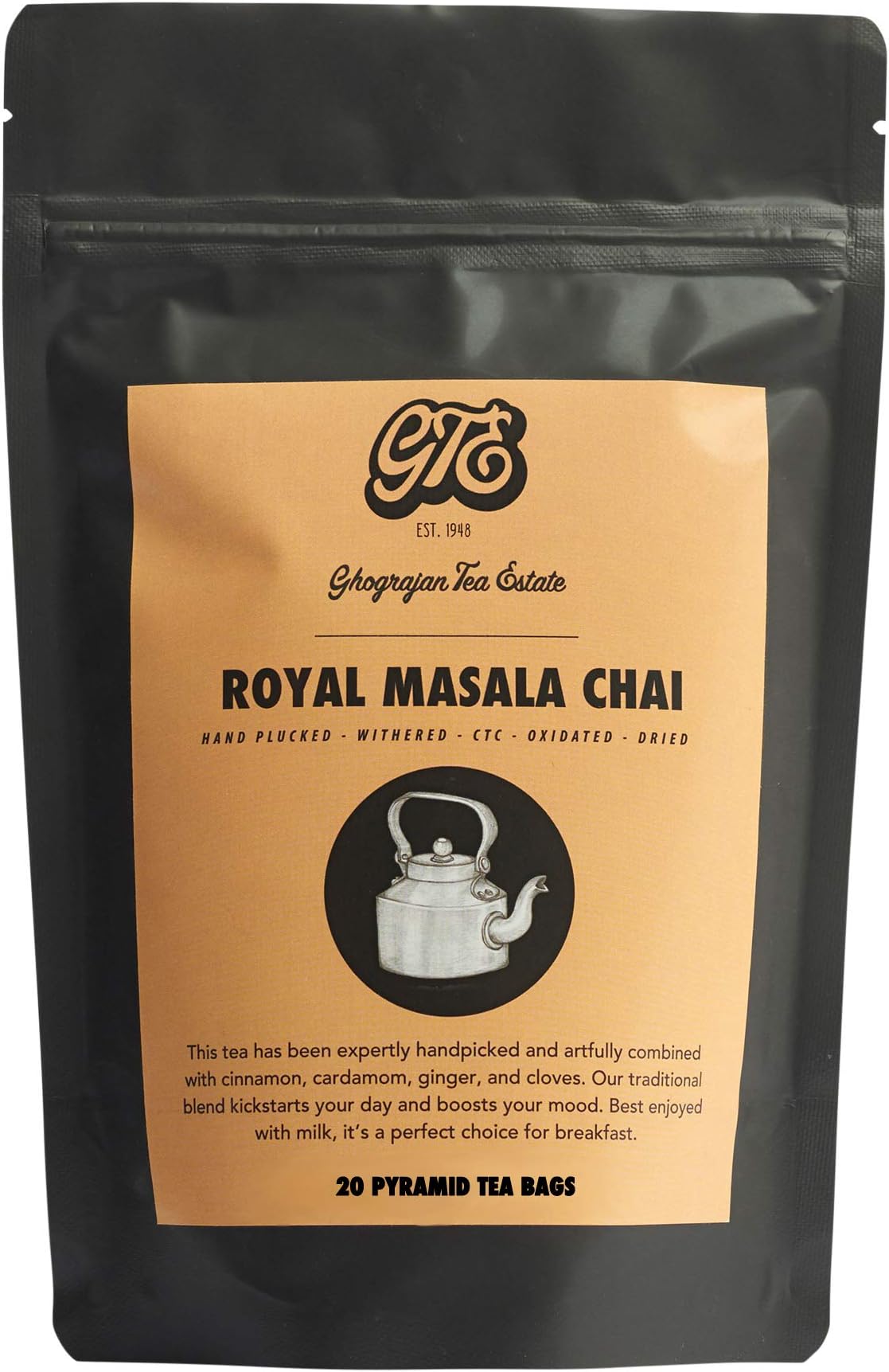 Traditional Chai Tea Bags - 20 Pyramid TeaBags - Assam Indian Black Tea Blended with Organic Cinnamon, Cardamom, Ginger and Cloves - Directly Shipped from our Family-Owned Estate in India