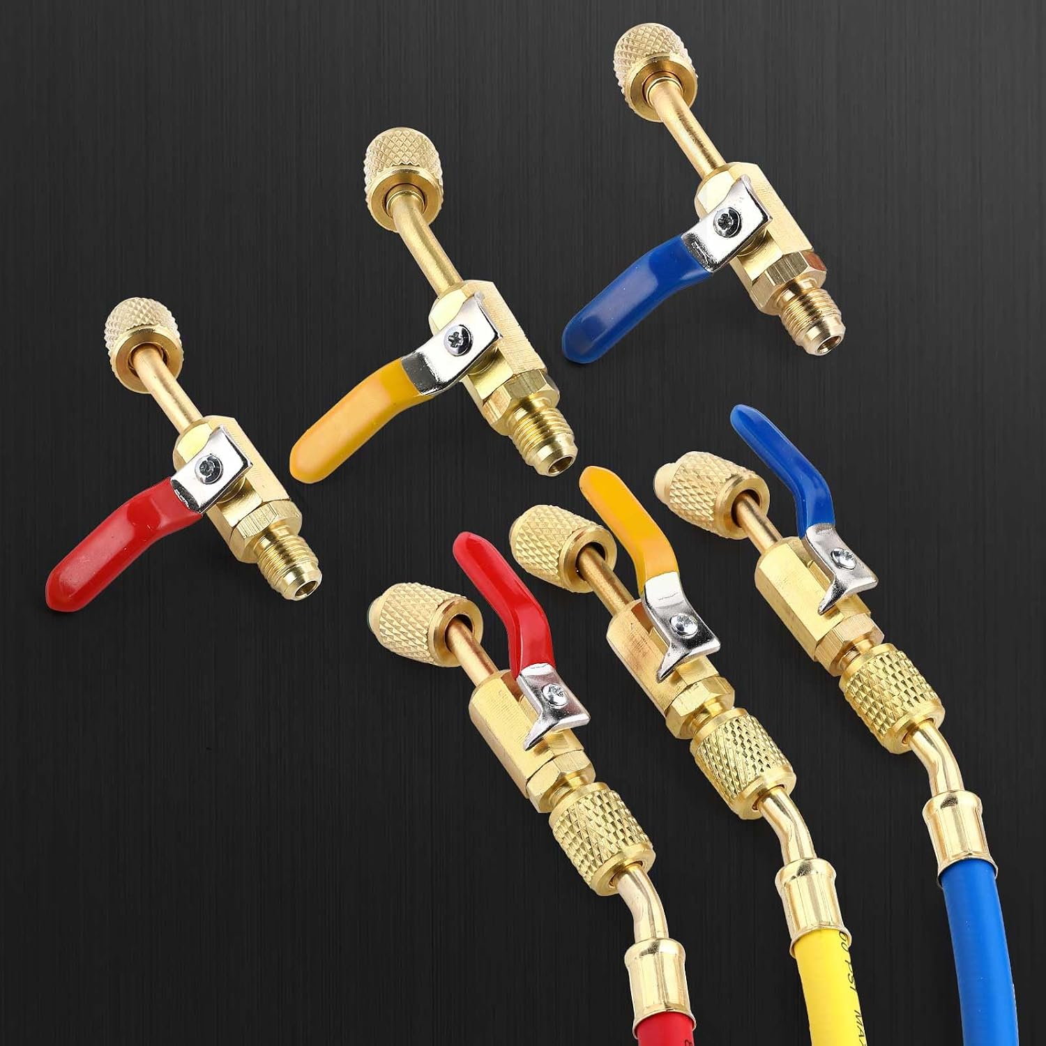 Mudder 7 Pcs Air Conditioning Refrigerant Compact Ball Valve 1/4 Inch for R410A R134A R12 R22 HVAC Adapter 5/16Inch Female to 1/4Inch Male(Gold,3 Angle Ball Valve, 2 Angle+2 Straight Adapter)