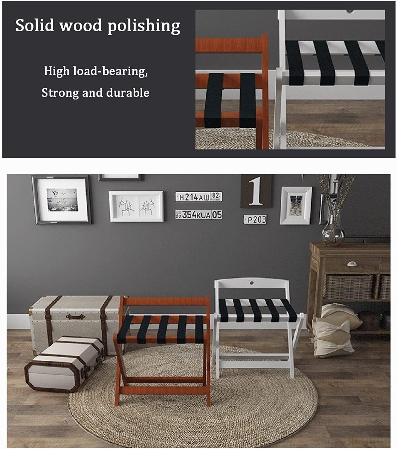 2 Pack Luggage Rack - Portable Foldable Storage Rack, with Backrest and Webbing Guest Room Suitcase Stand, Non Slip Hotel Luggage Shelf, 60?50?60Cm,Black