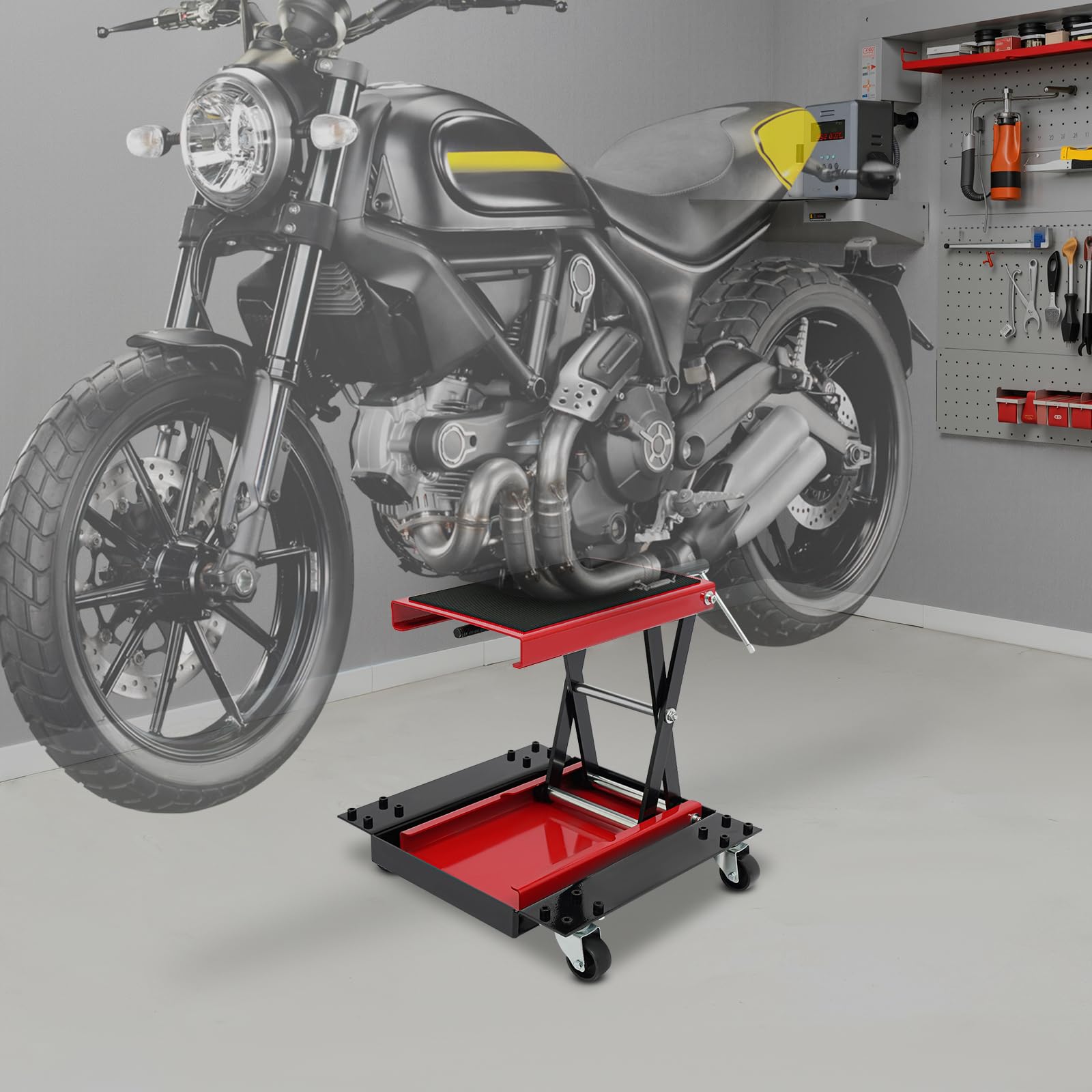 Podest podnośnikowy do motocykla o udźwigu 500 kg, hydrauliczny podnośnik motocyklowy z kółkami do konserwacji i naprawy w warsztacie lub garażu, regulacja wysokości 12-39 cm