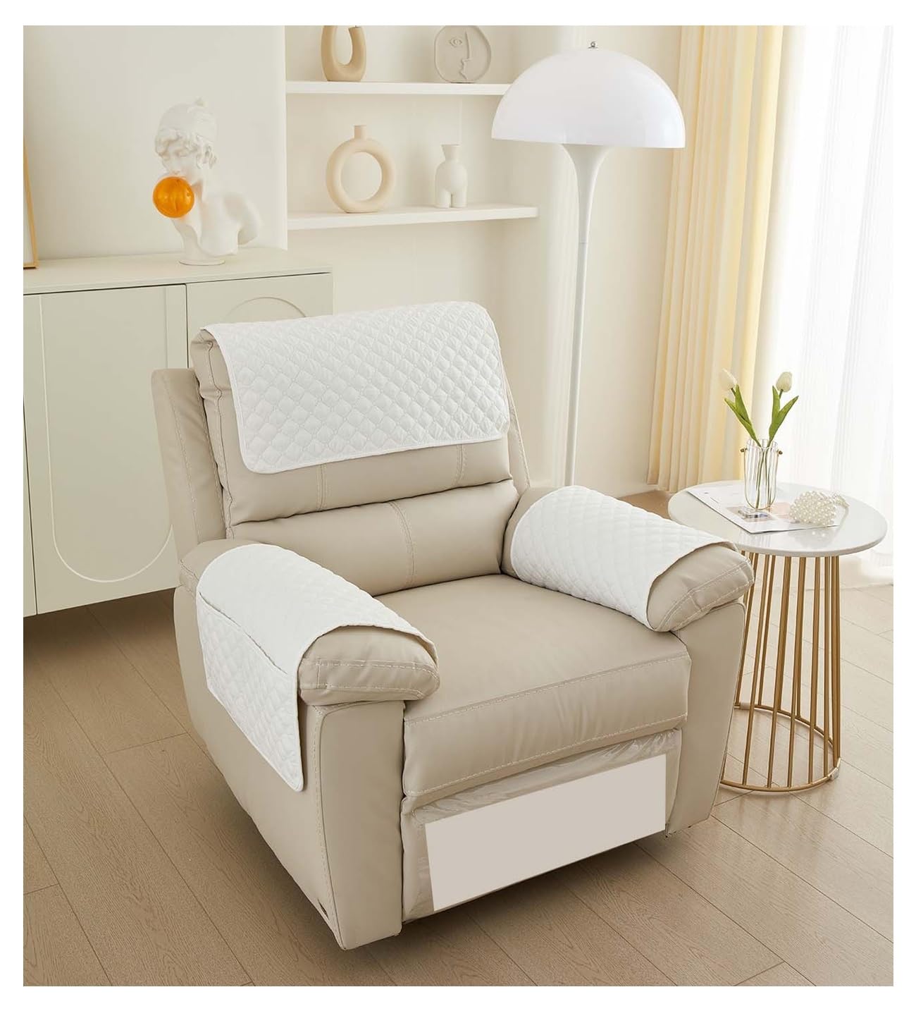 Miecoae Sofa Armrest Cover, Headrest Cover for Recliner Chair Arm Cover, Armchair Slipcover Nonslip Quilted Furniture Protector for Pets Leather Broad Arm Couch(White,1 Seat 3pc)