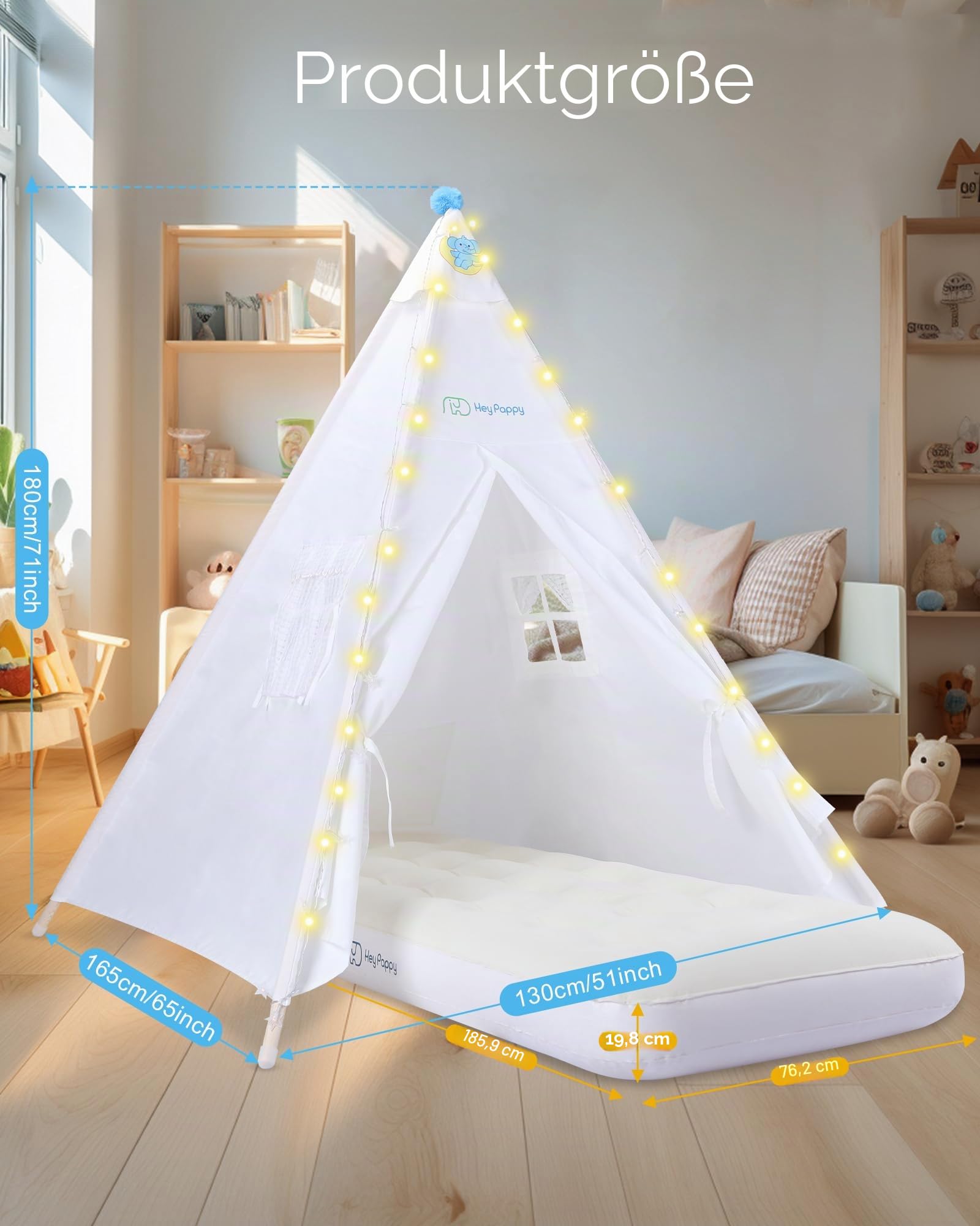 Heypappy Tipi Zelt für Kinder,Waschbares Tippi Kinderzelt Indoor inkl.Luftbett, Lichterkette & Ballons - Spielzelt für Drinnen/Draußen als Spielhaus für Mädchen/Jungen (Weiß)