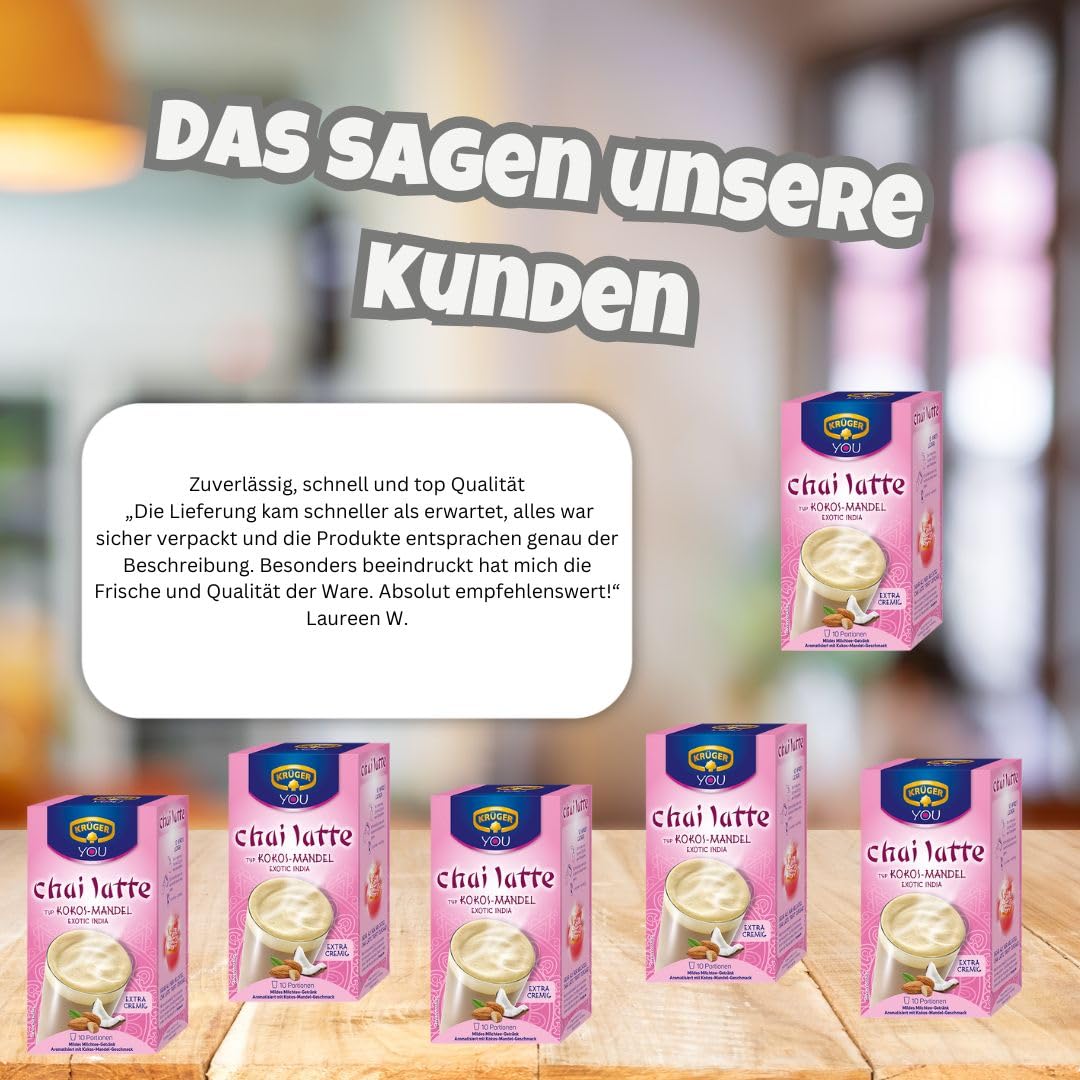 Krüger You Chai Latte Kokos-Mandel 6×250 g (1,5 kg) | Aromatisches Instant-Getränk | Würziger Chai mit Kokos- & Mandel-Note | Schnell zubereitet | Vorratspack für Büro, Zuhause & To-go