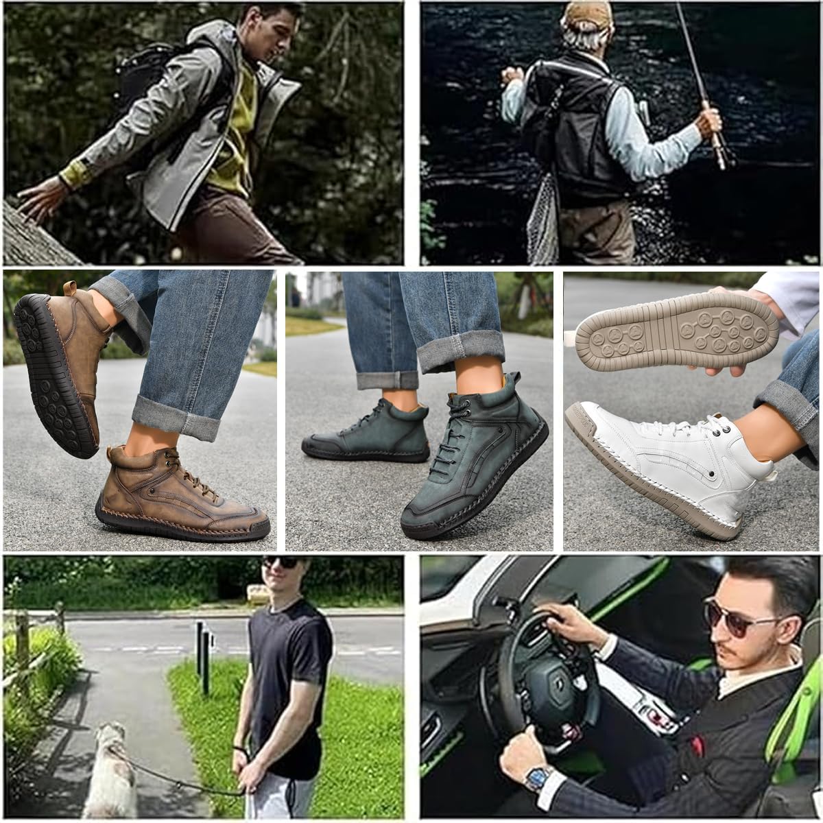 Men's Comfortable Handmade Wide-Fit Leather Shoes Breathable Waterproof, Arch Support, Anti-Slip Outdoor Hiking Shoes Lace Up Handmade Ankle Chukka Boots Walking Driving Sneakers