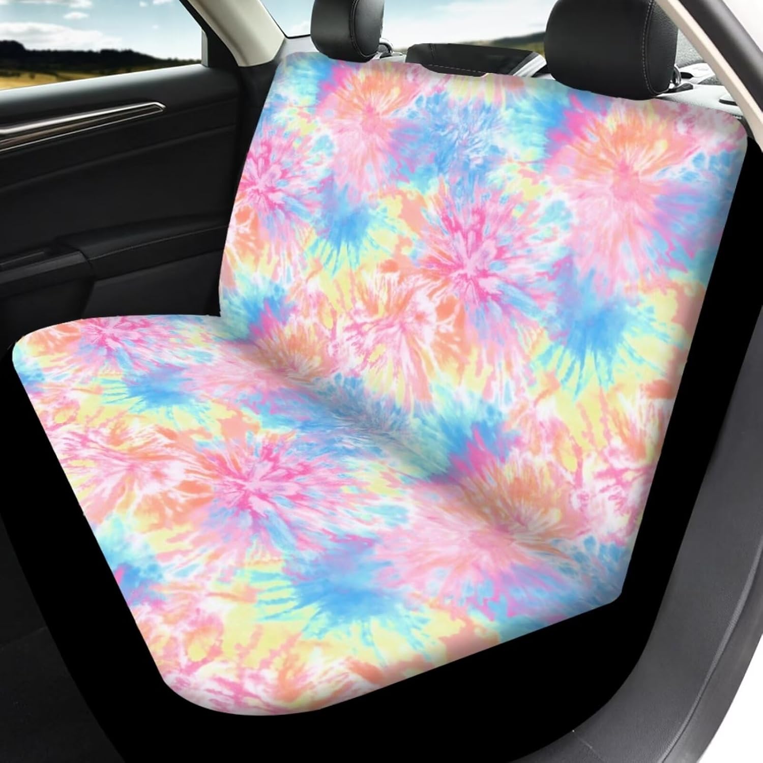 Pensura Tie-Dye Print Car Seat Cover Front and Rear Bench Back Seat Cover,Only Full Set of 4, Vehicle Seat Protector Easy to Install Fit Most Vehicle, Cars, Sedan, Truck, SUV, Van