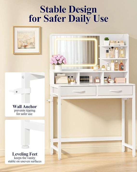 Kitsure 31.5 W Small Vanity Desk with Mirror and Lights, 2 Fabric Drawers