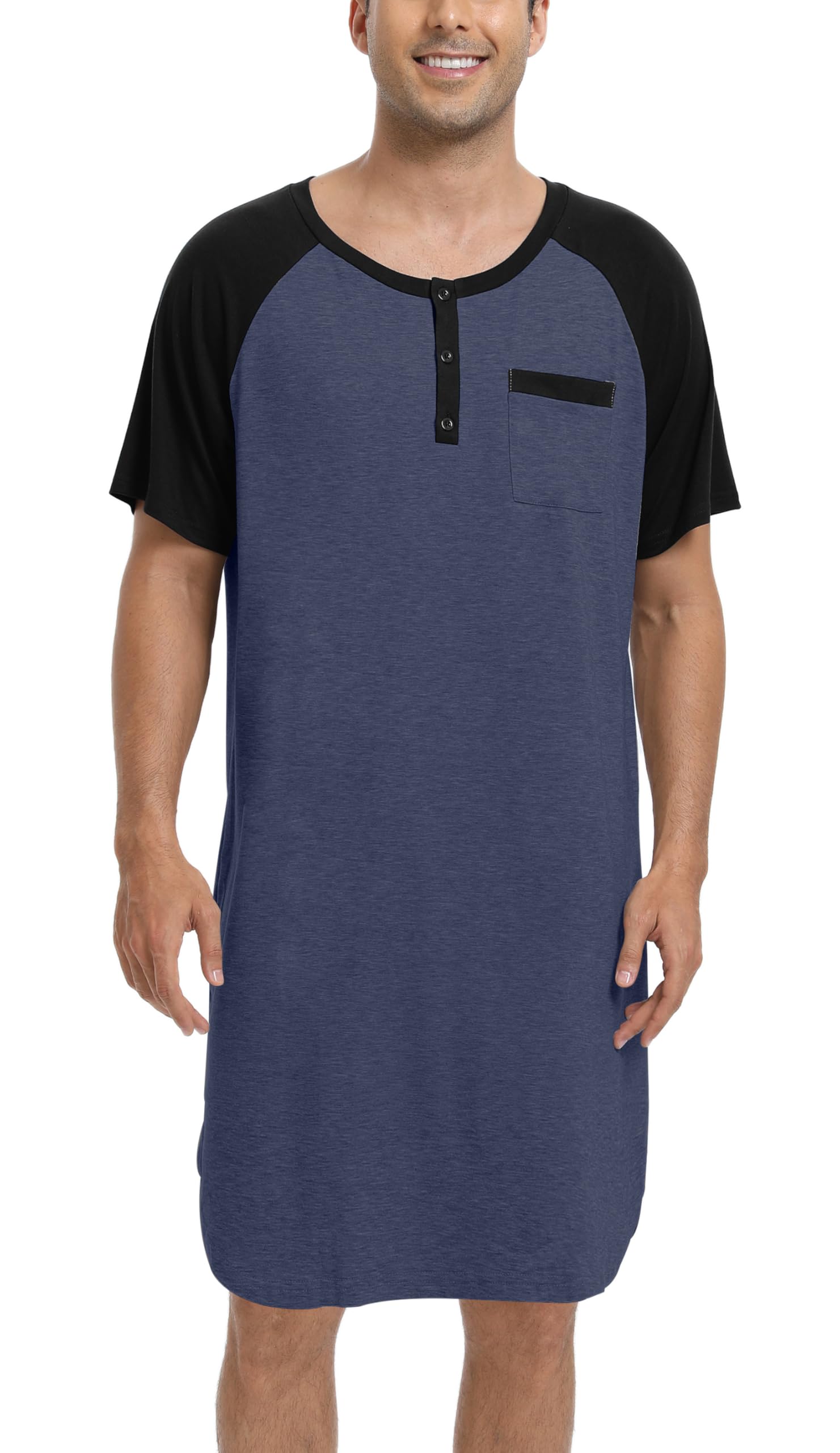 Enjoyoself Chemise de Nuit Homme Hauts de Pyjama Tee-Shirt Longueur Genou Col V avec Boutons Manches Courtes Vêtements d'Intérieur Douce Confortable Grande Taille M-4XL