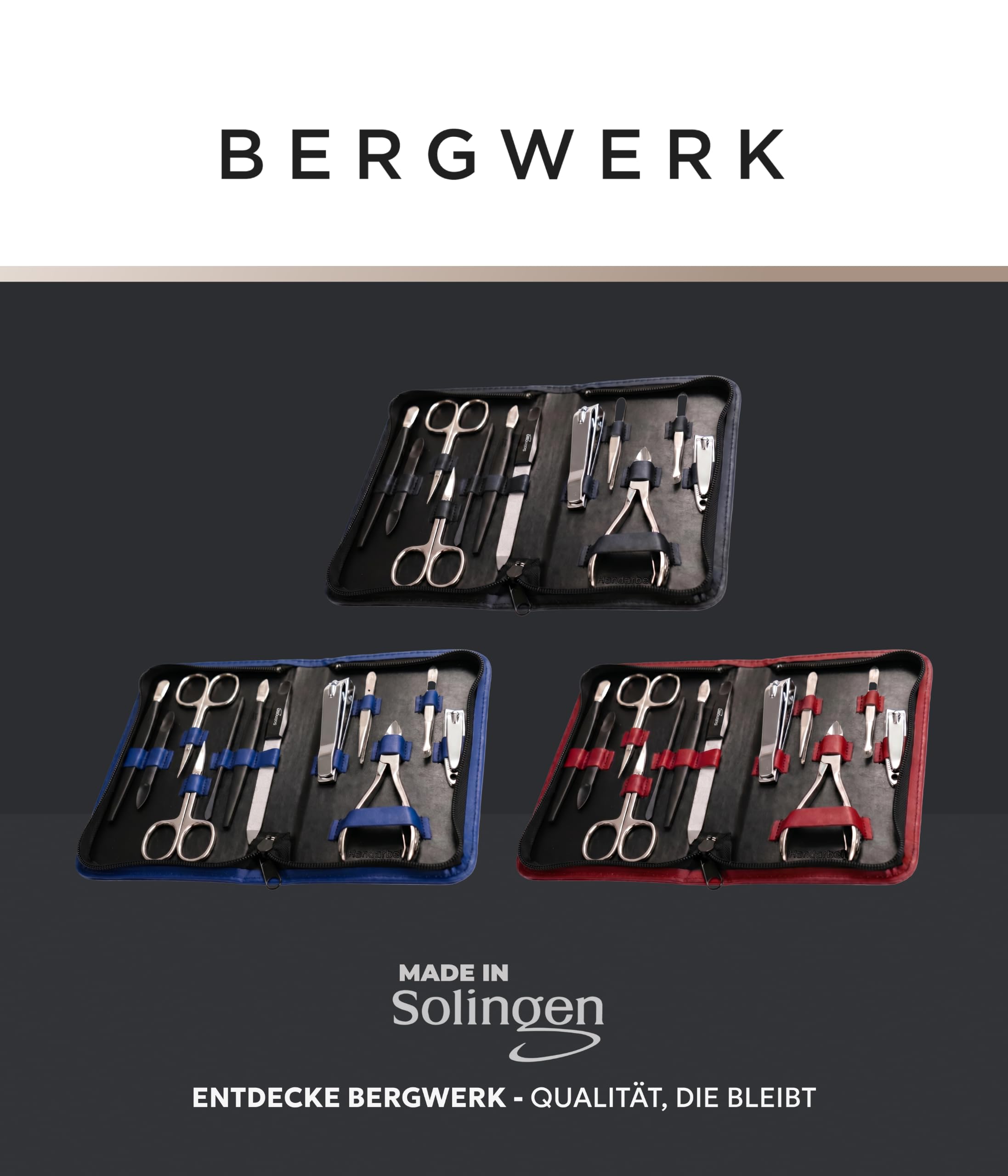 Solingen Reissverschlussetui Blau 12-teilig – Maniküre Set aus LWG Leder, präzise Nagelpflege – für Damen & Herren – Nageletui – Made in Germany