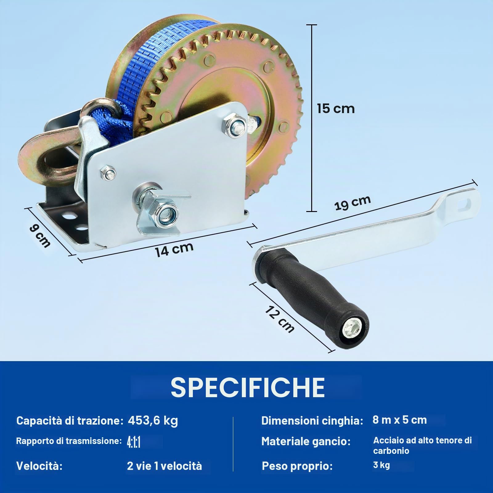 FreeTec Verricello Manuale con Cinghia 453 kg (1000lbs) con Cinturino da 8m, Argano Manuale a Fune Verricello Manuale per Rimorchio Camion Auto Caravan