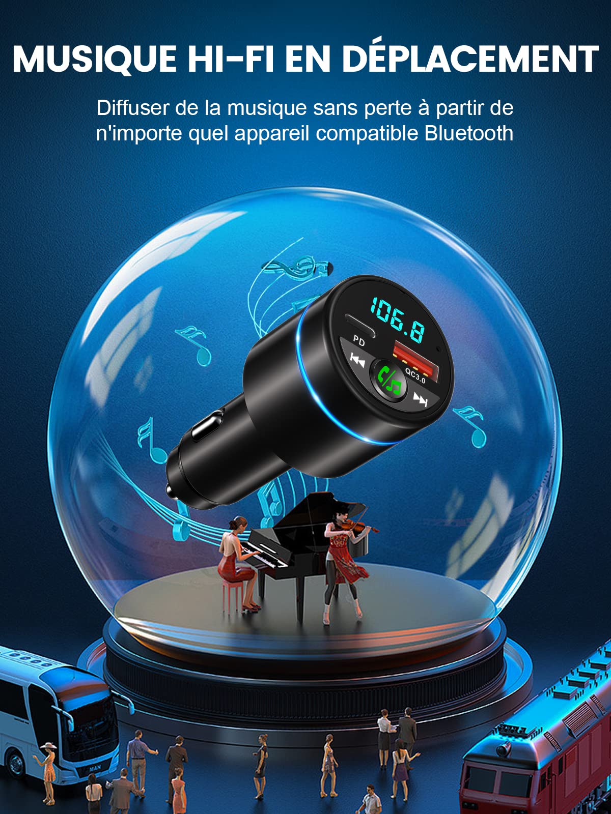 Mohard Bluetooth Voiture, [Tout Métal] Transmetteur FM V5.3, PD 30W + QC 3.0 Chargeur Allume Cigare Rapide, Adaptateur Bluetooth Voiture, Appel Main Libre, Suppression du Bruit, Hi-FI Musique