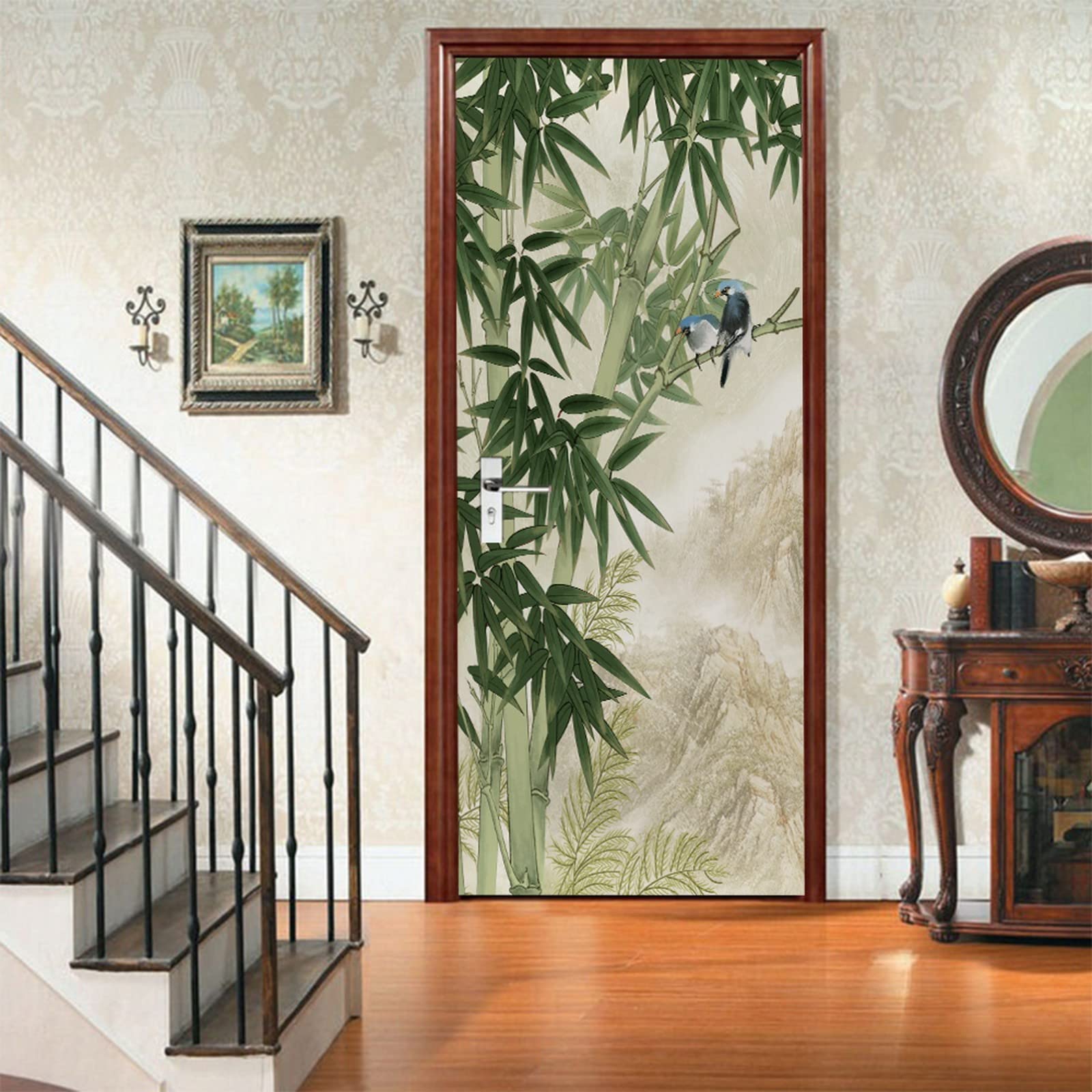 A.Monamour Adesivo Porta Autoadesiva 3D Uccelli Su Bambù Verde Disegno Sullo Sfondo Del Paesaggio Di Montagna Vinile PVC Adesivi per Porte Interne Pellicola Adesiva Poster Sticker Murale Parete