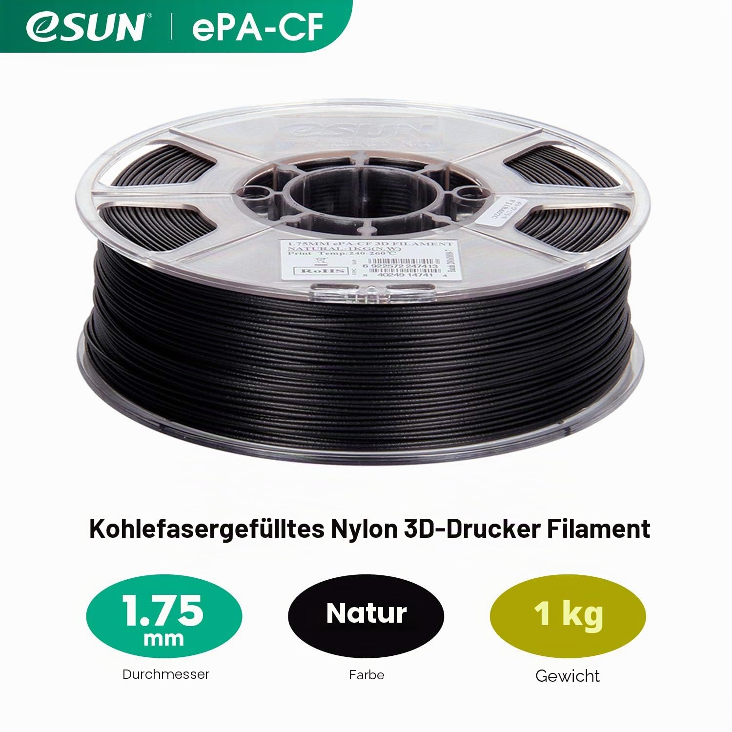 eSUN PA-CF Carbon Fiber Filled Nylon Filament 1,75 mm, Natural,1KG | 3D Drucker Filament PA-CF, Dimensional Accuracy +/- 0,05 mm, 1 KG Spool (2,2 LBS) 3D Printing Filament für 3D Drucker
