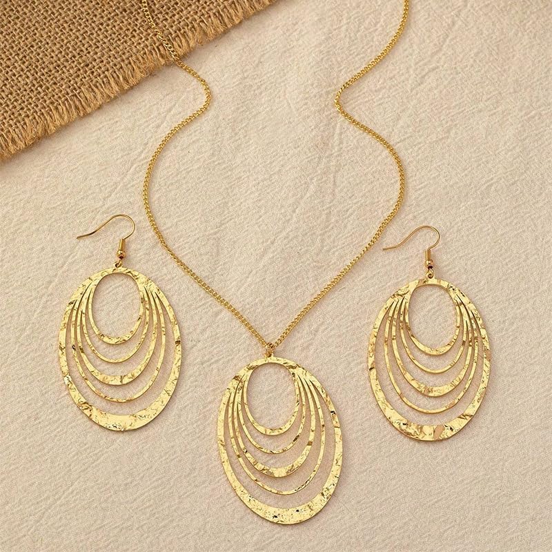 Necklace And Earring Sets For Women, Gold Chunky Charm Necklaces Three Layer Circle Pendant Bohemian Metallic Style Jewelry Gift - Image 4