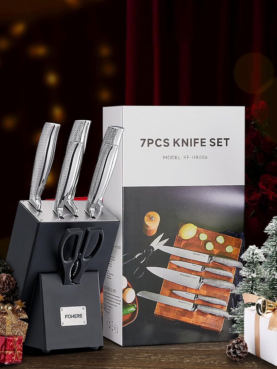 FOHERE Couteau Cuisine, 7 Pièces Set Couteaux Cuisine avec Technologie Affûteur Intégré, Couteaux de Cuisine en Acier Inoxydable, avec Bloc Couteaux en Bois