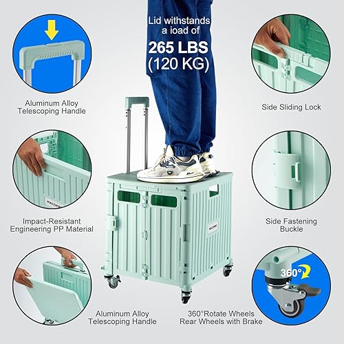 Miniatura 3 de Carrito utilitario plegable portátil, carrito de compras, carrito de compras, caja de herramientas plegable, con tapa, cesta en 4 ruedas giratorias,