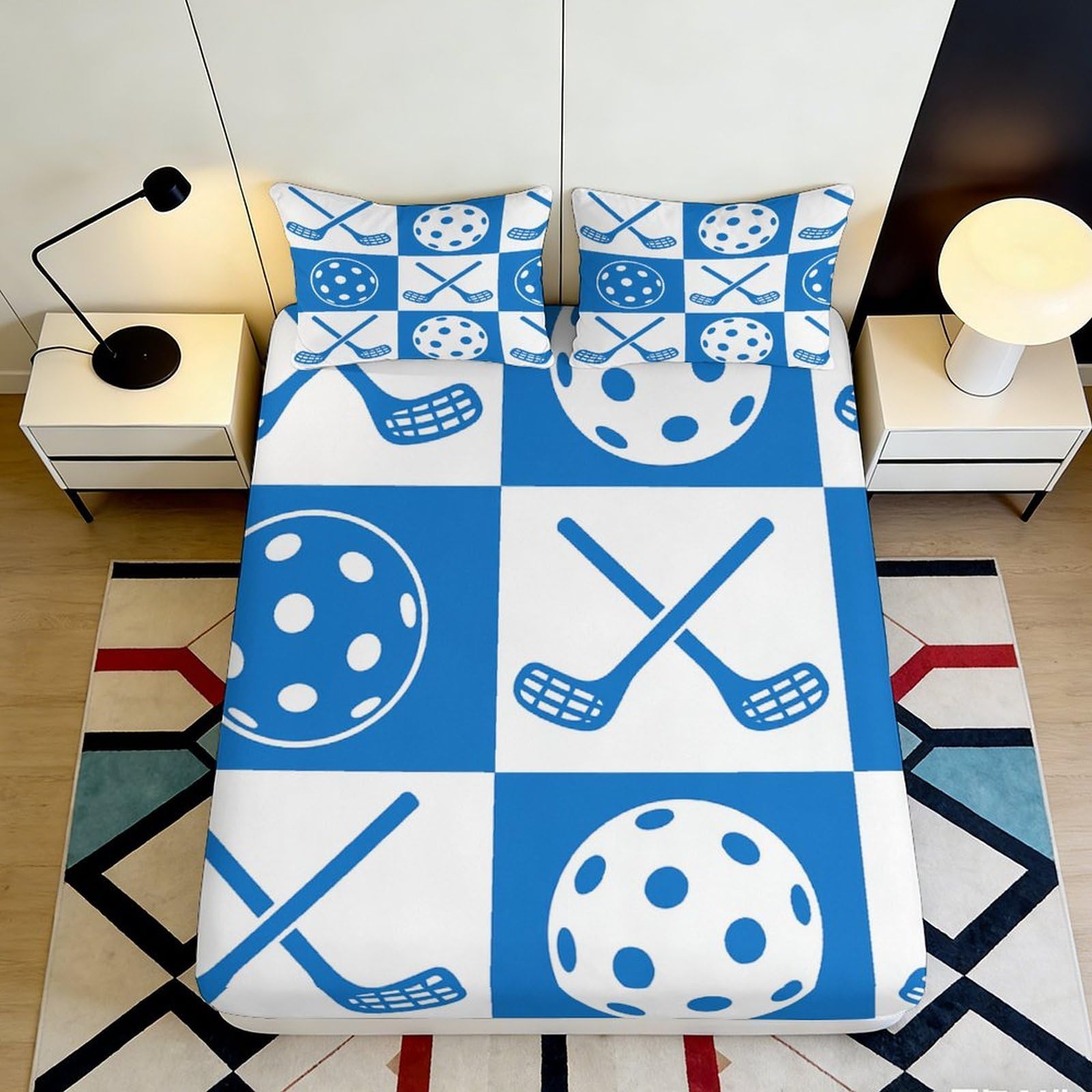 3D Printed Blue Floorball Hockey Fitted Sheet Microfiber Anti-Slip Bed Cover for Bedroom Dorm Mattress Protection Decor 90x200x25cm
