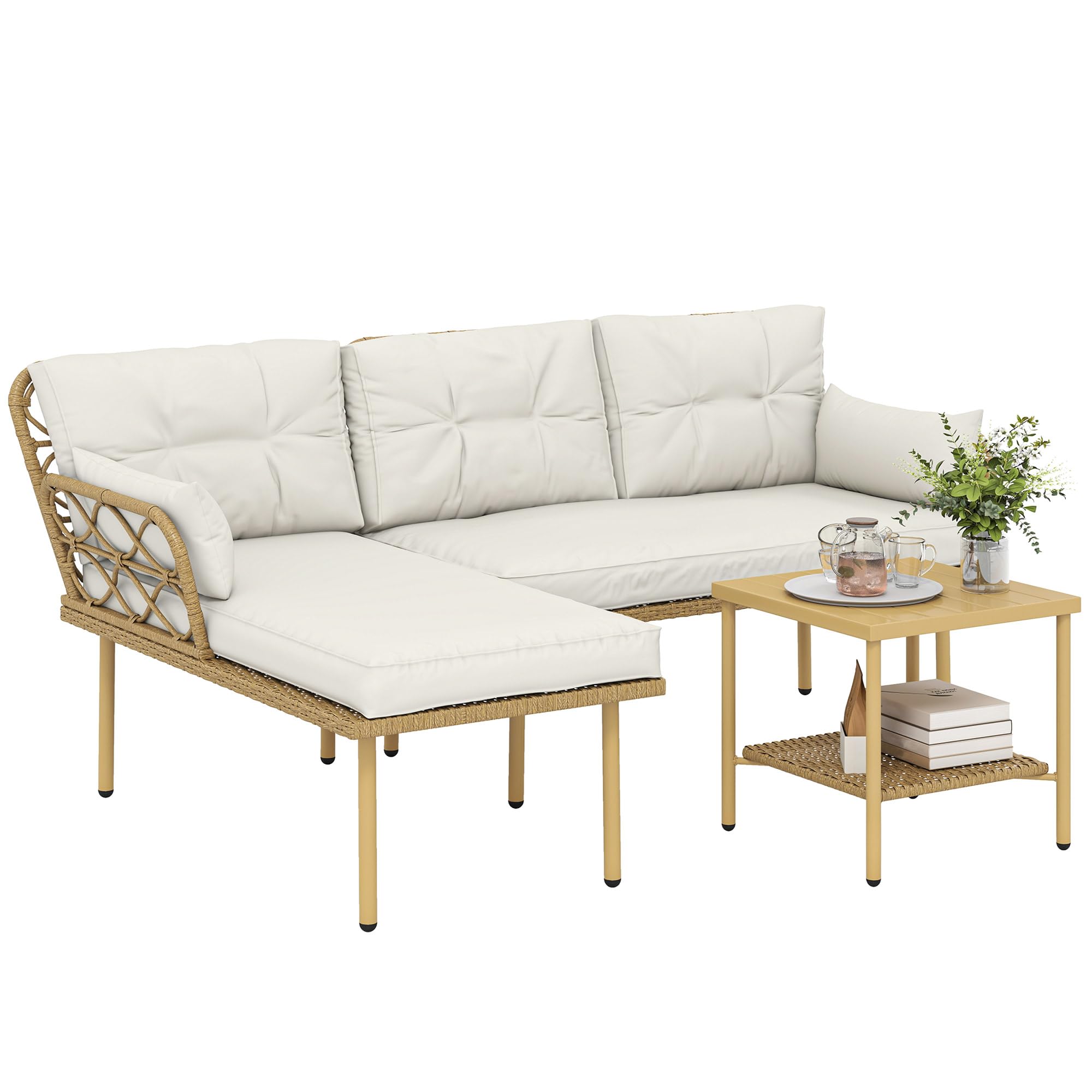 Outsunny Conjunto de Jardín de Ratán, Juego de 3 Piezas Muebles Jardín Exterior con 1 Sofá de 2 Plazas, 1 Sofá Esquinera, 1 Mesa de Centro Metálica de 2 Niveles y Cojines, Anti-UV, para Patio, Crema