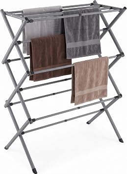 Vivo Technologies 3 Tier Extendable Clothes Airer, Foldable Compact Clothes Drying Rack with 11 Thickened Poles Clothes Dryer Space Saving Laundry Airer Indoor Outdoor Clothes Horse,Grey