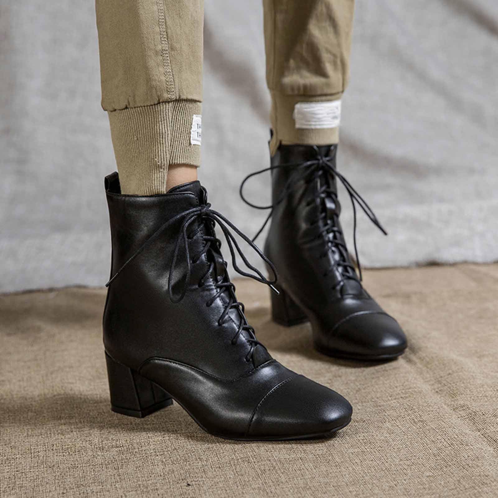 Generisch Stiefel Damen Modische Stiefeletten mit quadratischem Absatz und Schnürung für den Herbst kurze Schuhe runder Zehenpartie