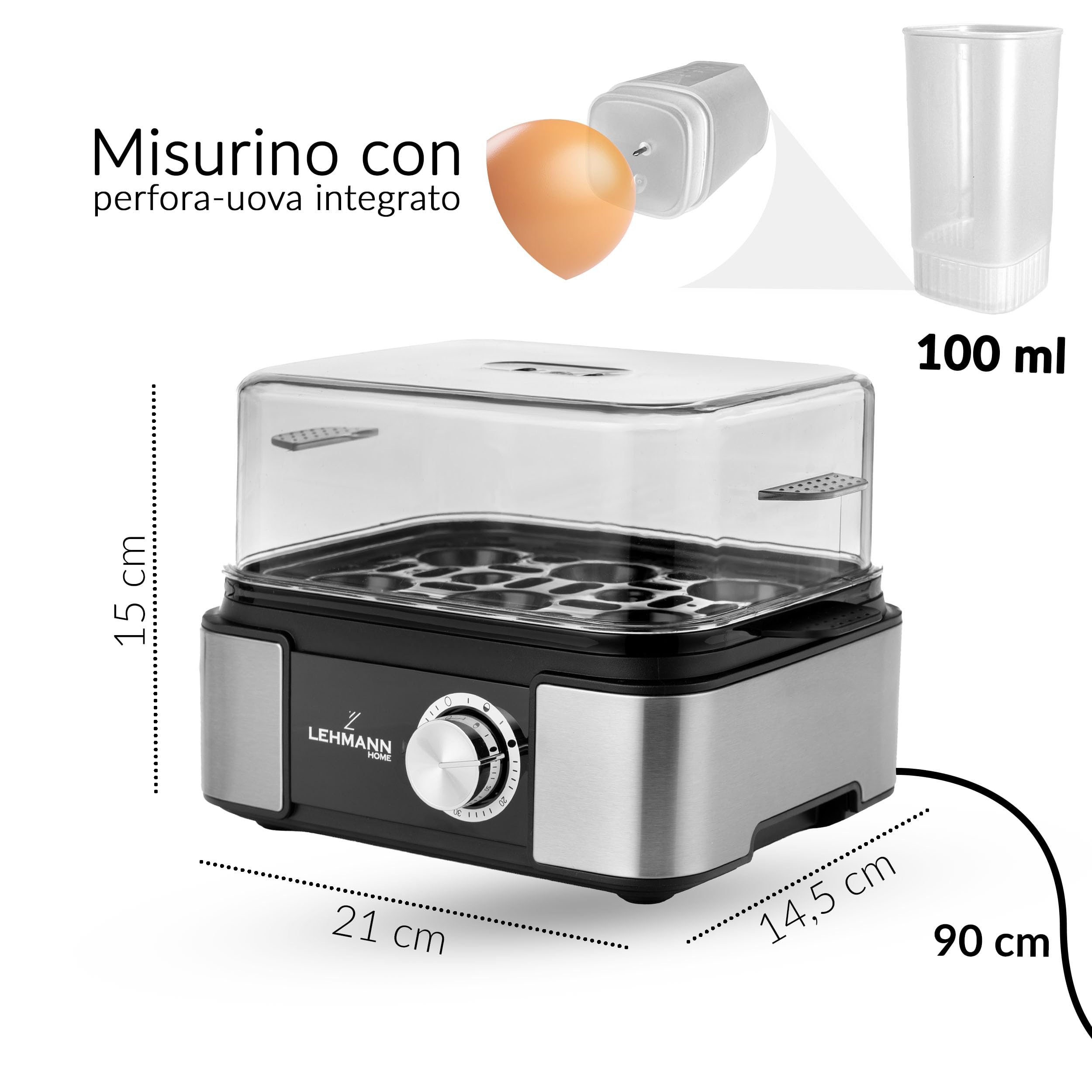 LEHMANN Cuociuova Elettrico per 6 Uova – Segnale Sonoro e Luminoso – Regolazione del Grado - Cuoci Uova Perfette grazie 5 programmi - Acciaio Inox - incl. Misurino per l’acqua con Perfora-uova