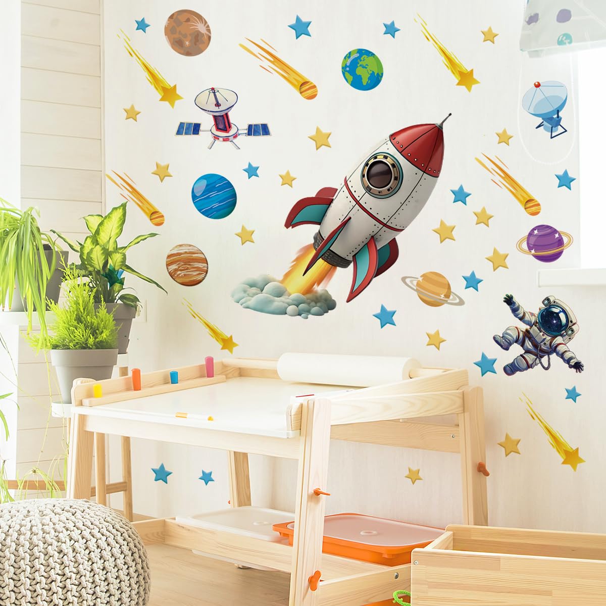 Runtoo Large Space Rocket Ship Wall Art Decals Planets Astronaut Wall Stickers Baby Nursery Boys Kids Bedroom Playroom Wall Decor - Image 2
