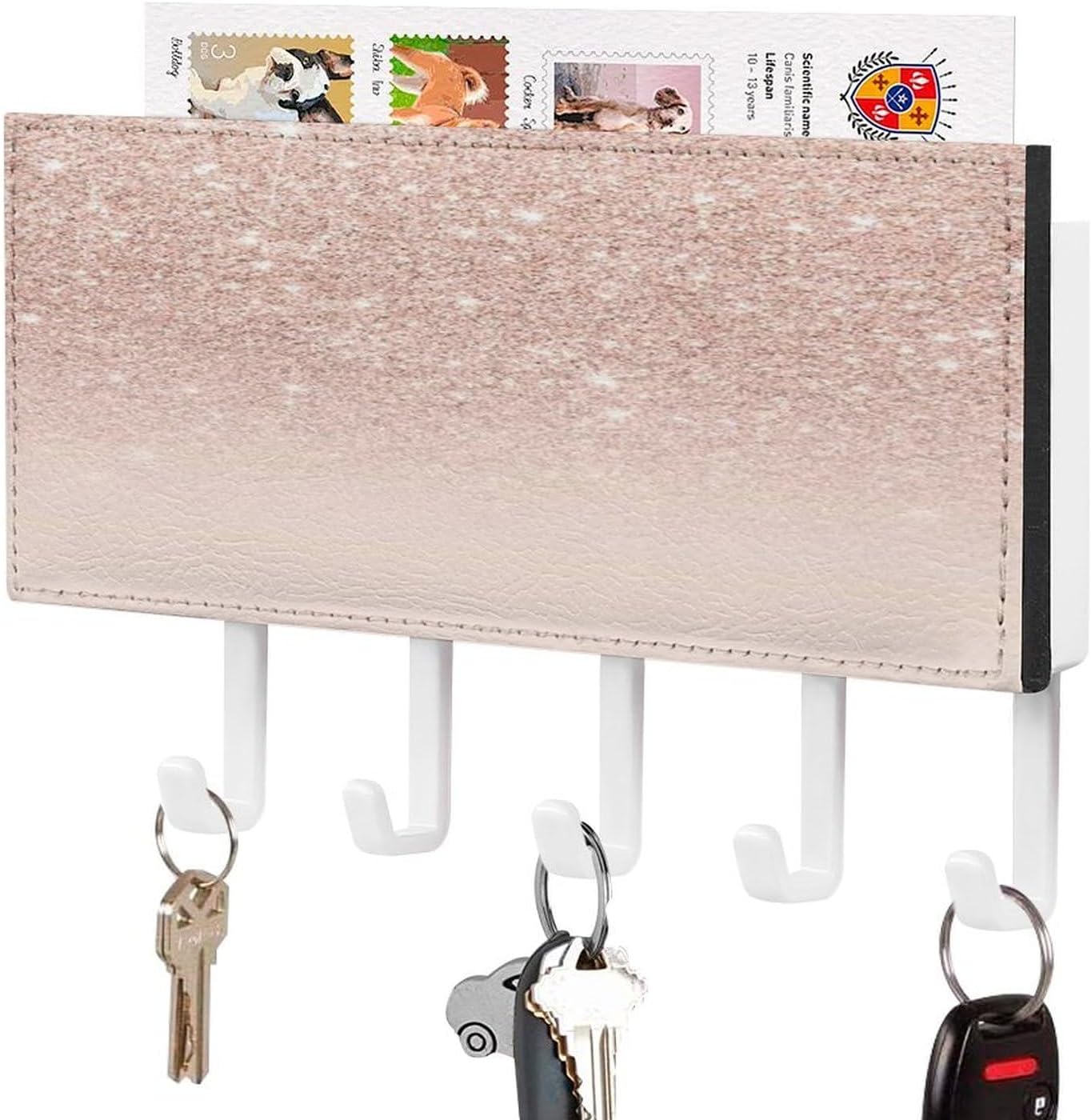 Key Holder Wall Mount Key Hanger with 5 Hooks, Decorative Key Rack | Rose Gold Wallpaper Hanging Key Hooks with Mail Organizer for Wall Living Room Kitchen Bathroom Hallway