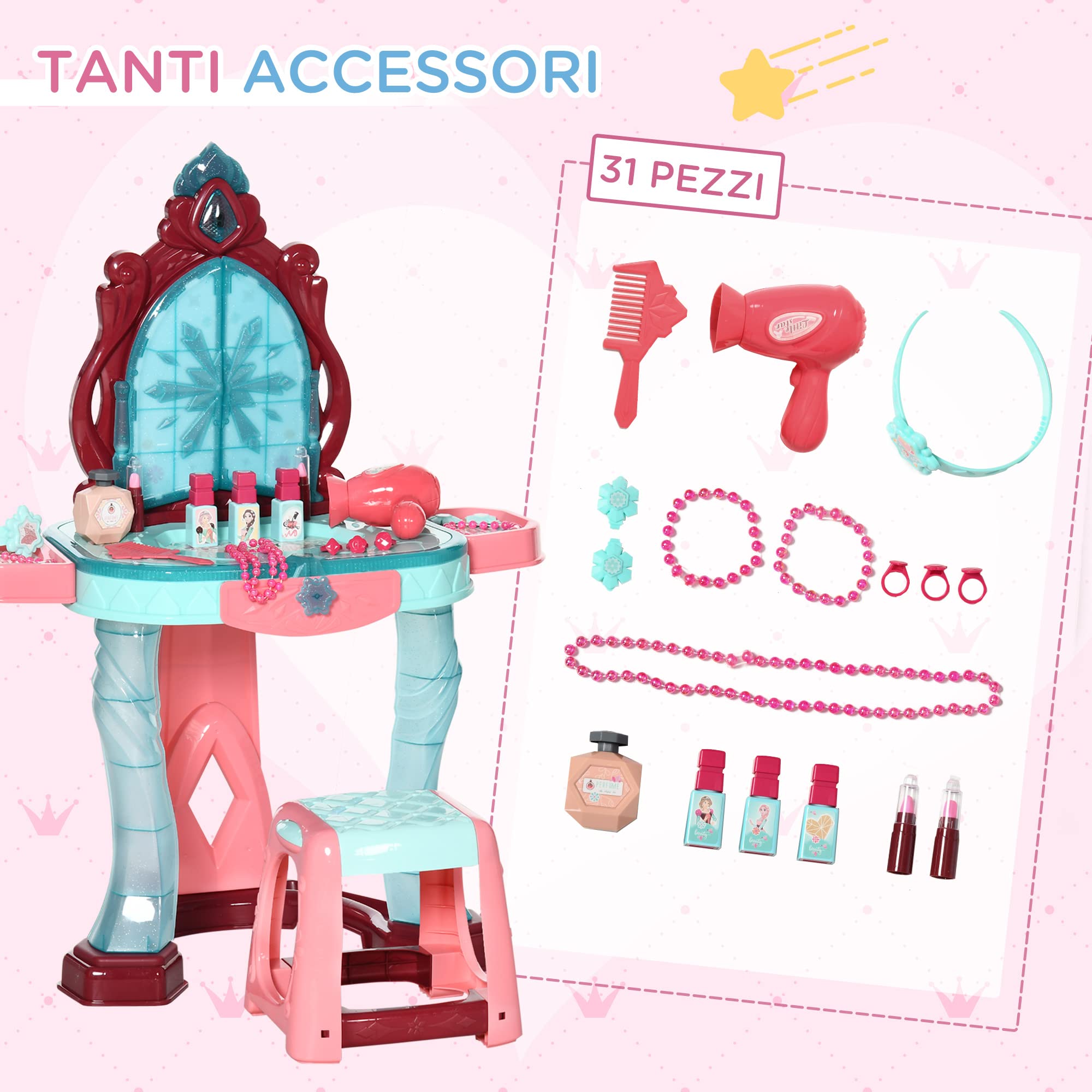AIYAPLAY Set Tavolo Toeletta con Sgabello per Bambini da 3-6 Anni, Postazione Trucco Bambina con Luci e Musica, 31 Accessori di Bellezza Inclusi