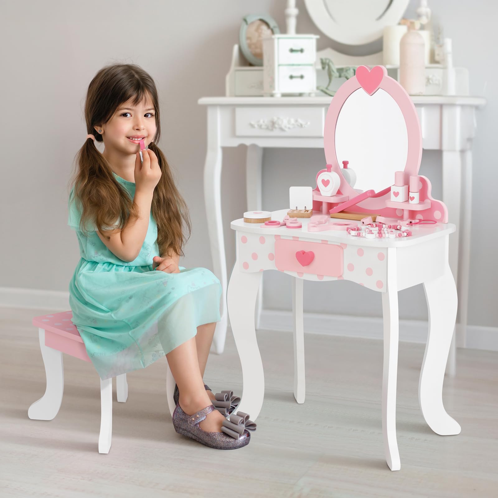 OOOK Coiffeuse pour Enfants, avec Table, Chaise et Miroir (Comprend 15 Accessoires de Maquillage différents, Rose)