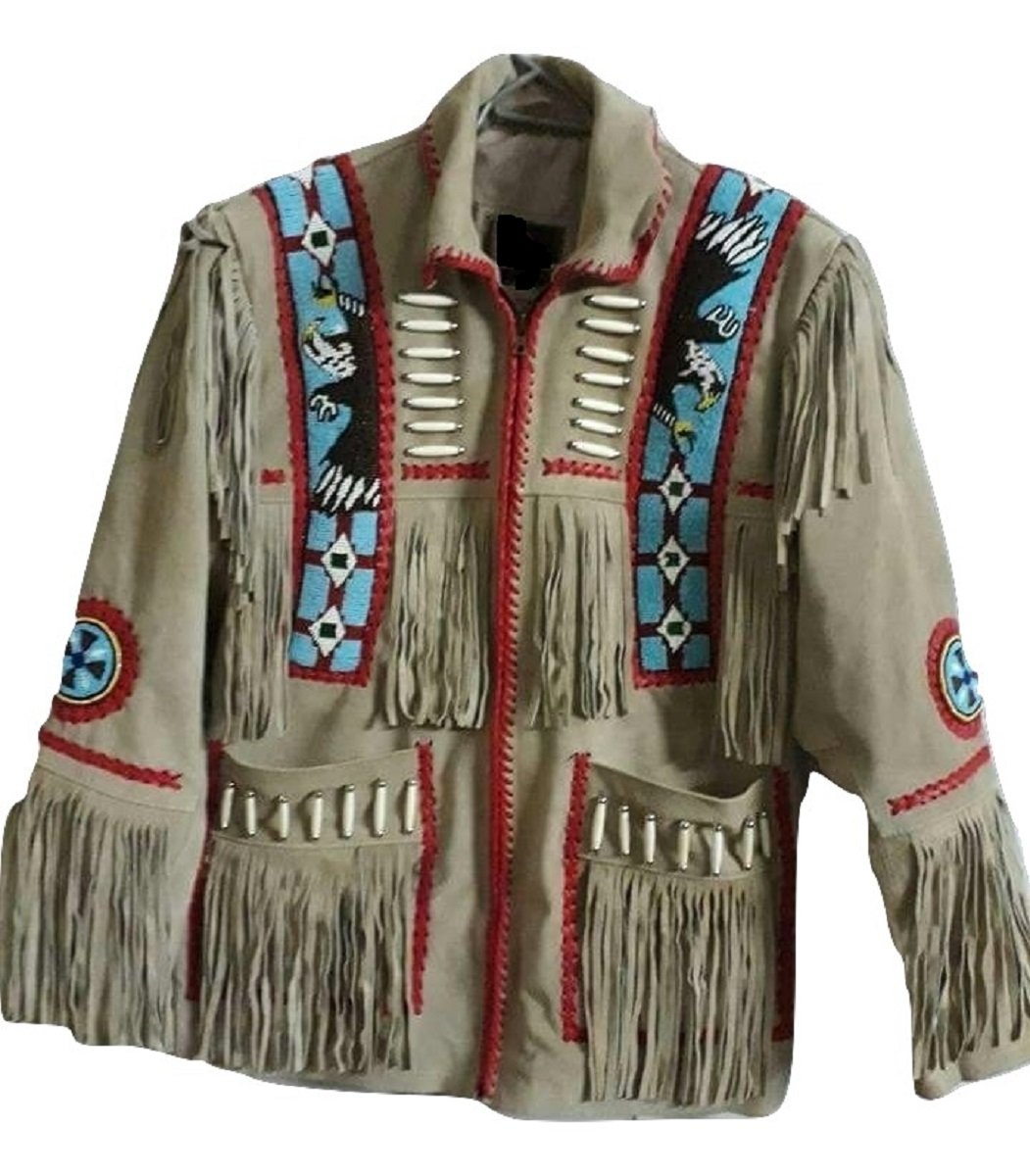 LEATHERAY Men's Fashion Western Genuine Cowboy Jacket Native American Wears Fringed & Beaded Jacket 
