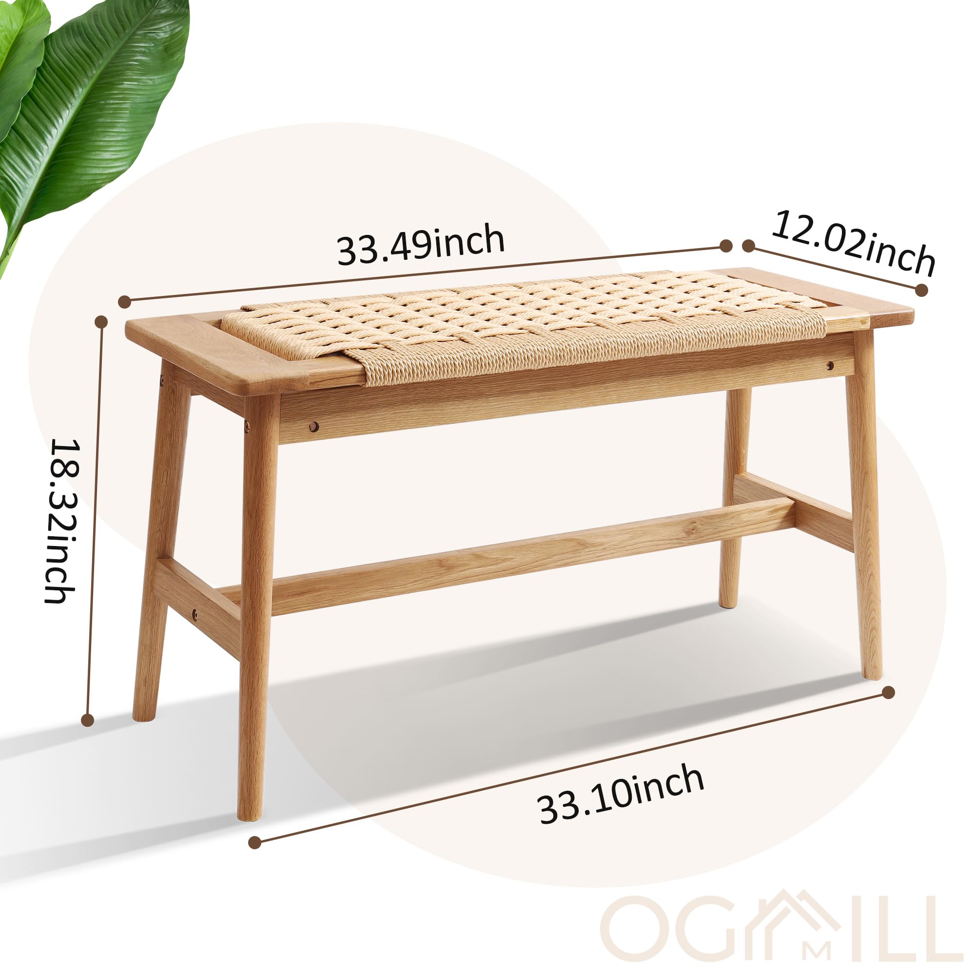 OGMILL 33.5" L Wood Dining Bench Indoor, 100% Natural Solid Oak Bed Bench Hand Woven Enterway Bench Small Bench for Dining Room, Bedroom, Kitchen (Natural)