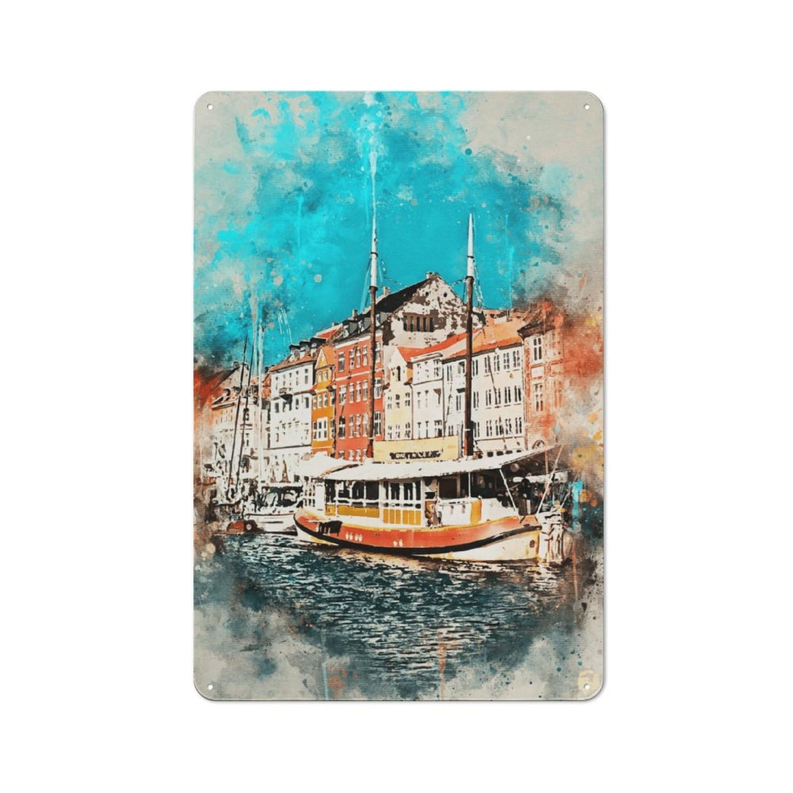 Junmoney Style-1 Metal Sign 30X20cm With Watercolor Painting Of Boats For Pub Or Café, Vintage Decor, For Metal Sign Collectors, For Garage And Workshop Walls