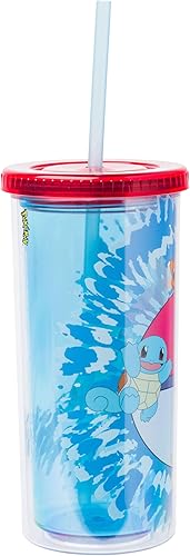 Miniatura 6 de Silver Buffalo Pokemon Starters con Pikachu, Bulbasaur, Charmander y Squirtle - Taza alta de plástico tie dye con tapa y pajita, 20 onzas