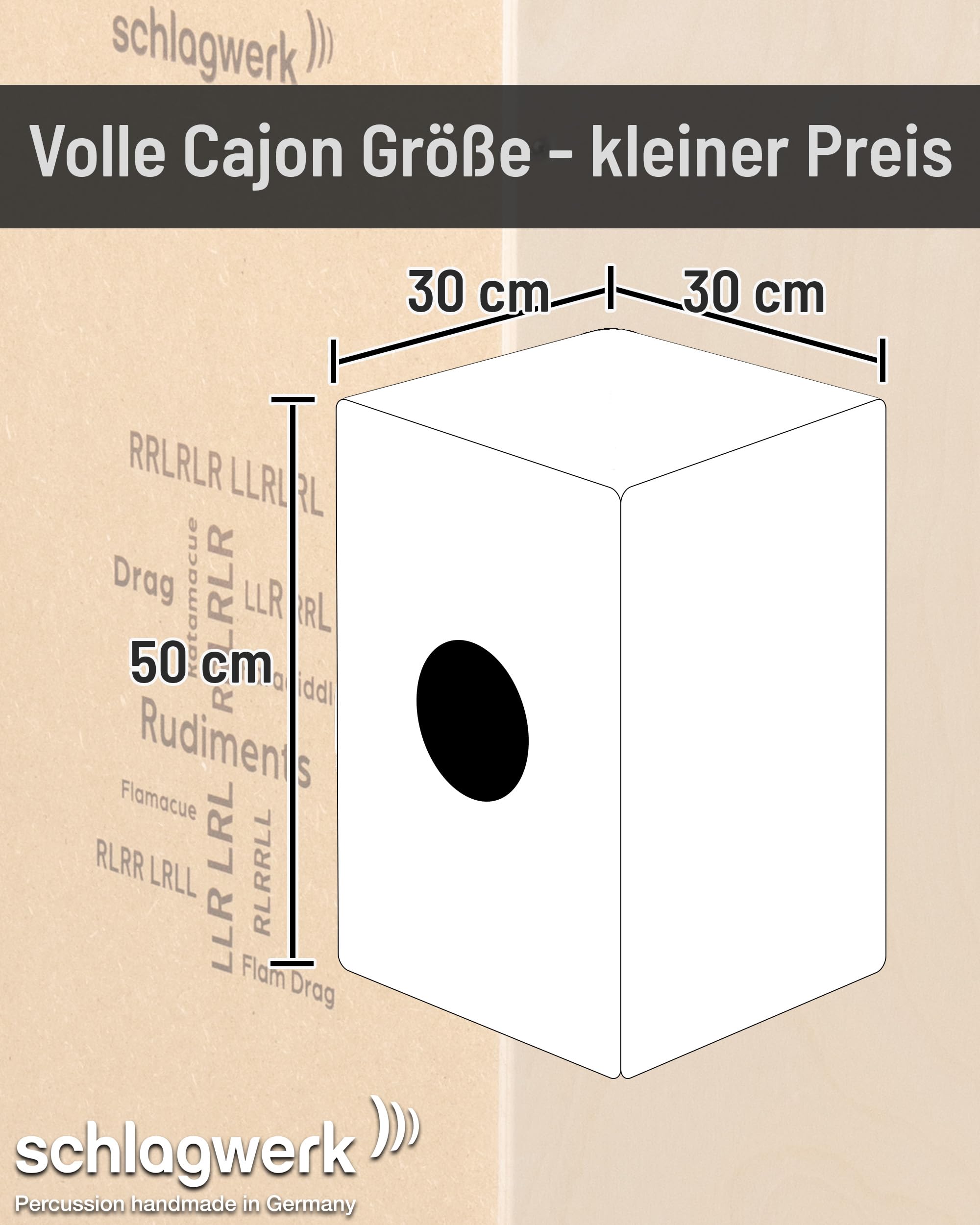 Schlagwerk CP80 Cajon Rudiments nature Large - Cajon Instrument mit zwei Snare Teppichen 50 x 30 x 30 cm - Naturholz Birke mit Design-Aufdruck - Made in Germany