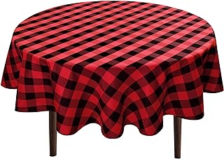 Hiasan Waterproof Checkered Round Tablecloth 108 Inch, Black and Red