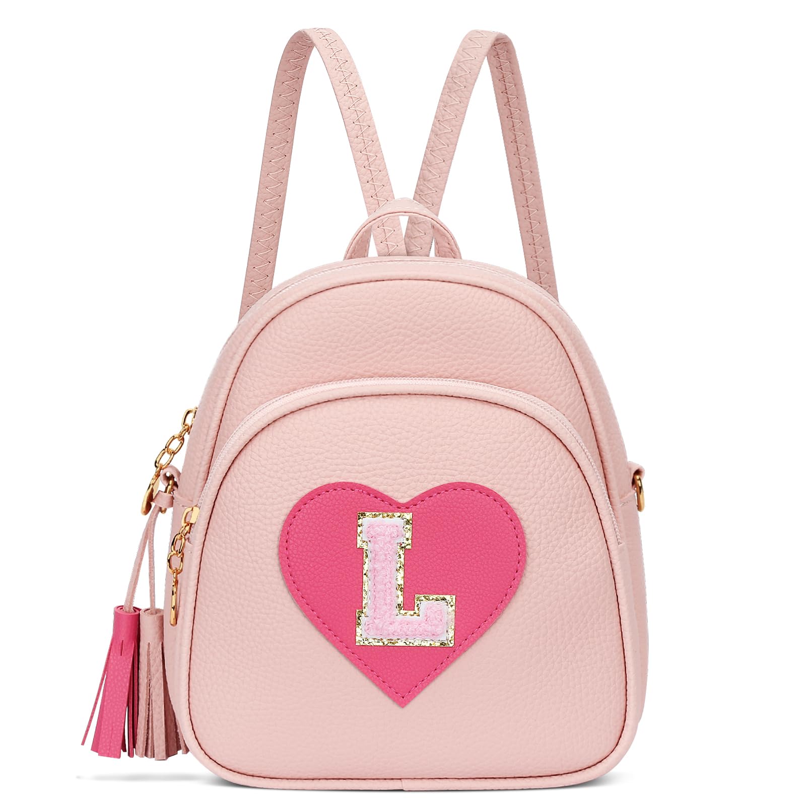 CLOUDWINGS Valentines Day Gifts for Kids Gifts for Girls Little Girl Initial Mini Heart Backpack Purse Crossbody Bag with Tassel，Pink-L