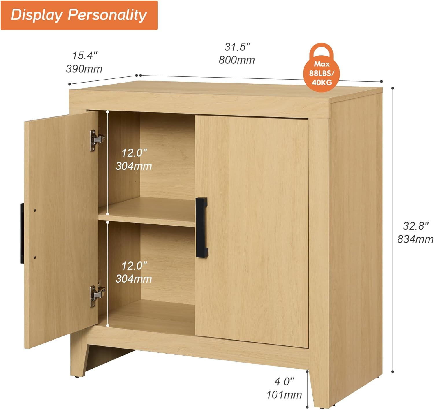WAMPAT Buffet Cabinet with Storage, Kitchen Sideboard Cabinet with Door and Adjustable Shelf, Modern Farmhouse Credenza Wood Coffee Bar Table for Kitchen, Dining Room, Living Room, Oak