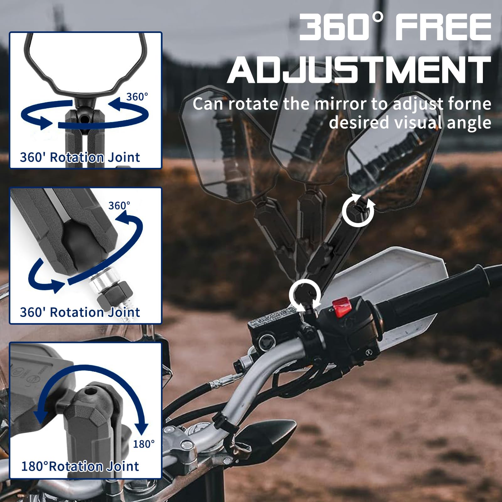 2 specchietti retrovisori universali per motociclette, regolabili, omologati E, girevoli a 360°, robusti, pieghevoli, per fuoristrada, motociclette, scooter, ATV