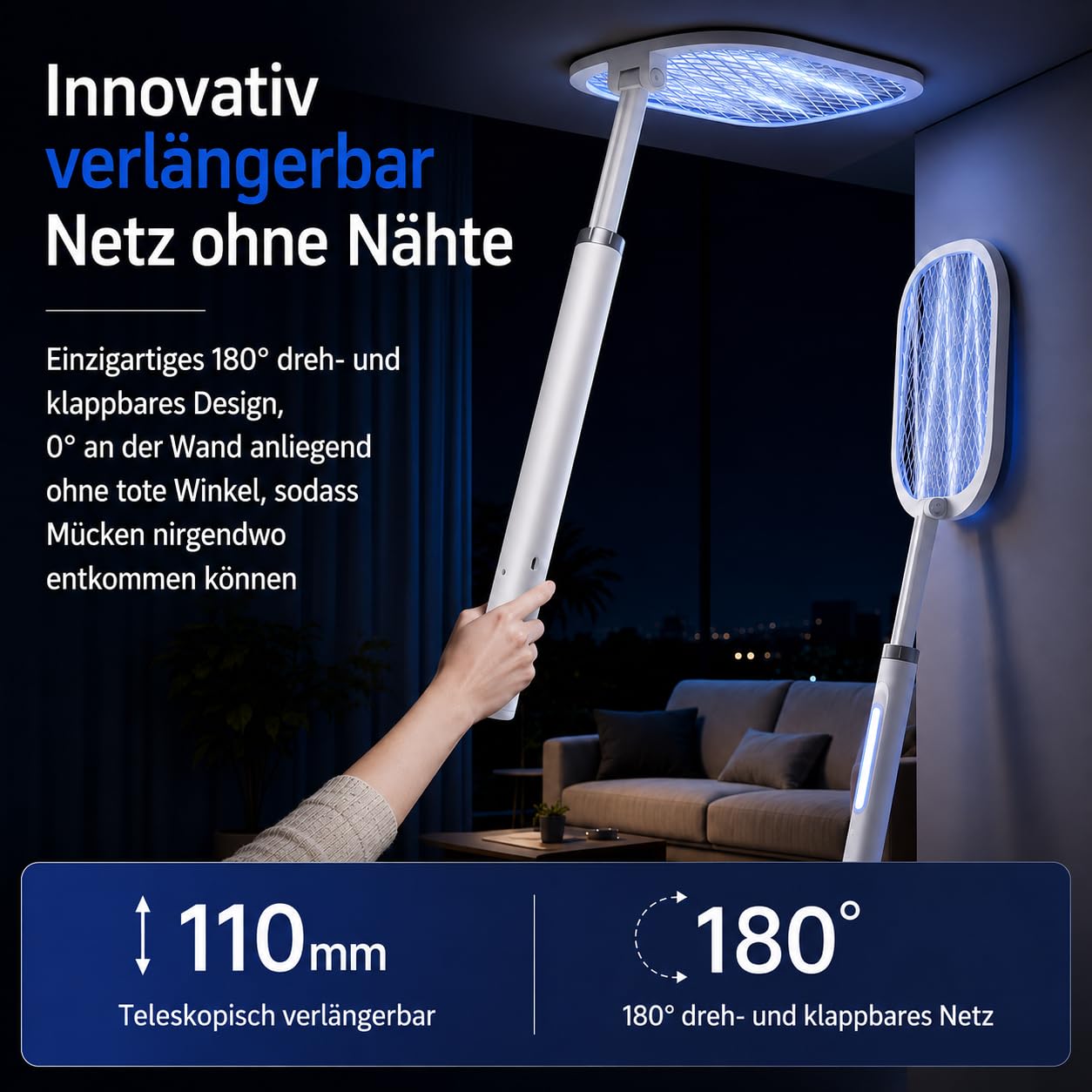 Elektrische Fliegenklatsche 5000V Extra Stark, Fliegenklatsche Elektrisch 2 in 1 mit UV-Licht, 2000mAh USB-C Akku Insektenvernichter, 180° klappbar mit 61–72 cm Teleskopgriff