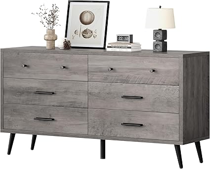 DWVO Grey Dresser TV Stand for 65 Inch TV/6 Drawer Dresser Entertainment Center/Console Table with Black Metal Handles & Anti-Tipping Device for Living Room