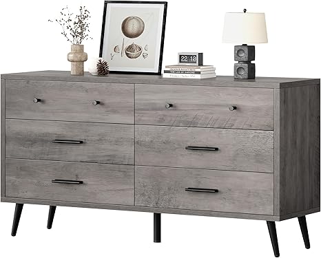 DWVO Grey Dresser TV Stand for 65 Inch TV/6 Drawer Dresser Entertainment Center/Console Table with Black Metal Handles & Anti-Tipping Device for Living Room