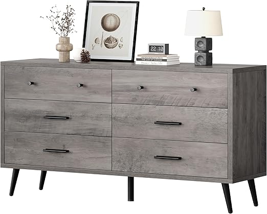 DWVO Grey Dresser TV Stand for 65 Inch TV/6 Drawer Dresser Entertainment Center/Console Table with Black Metal Handles & Anti-Tipping Device for Living Room