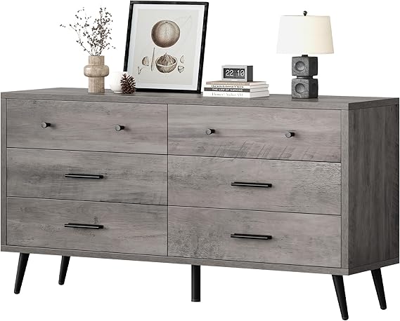 DWVO Grey Dresser TV Stand for 65 Inch TV/6 Drawer Dresser Entertainment Center/Console Table with Black Metal Handles & Anti-Tipping Device for Living Room