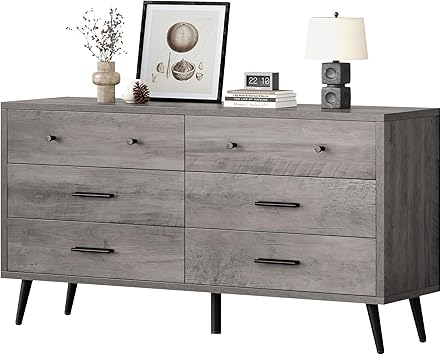 DWVO Grey Dresser TV Stand for 65 Inch TV/6 Drawer Dresser Entertainment Center/Console Table with Black Metal Handles & Anti-Tipping Device for Living Room