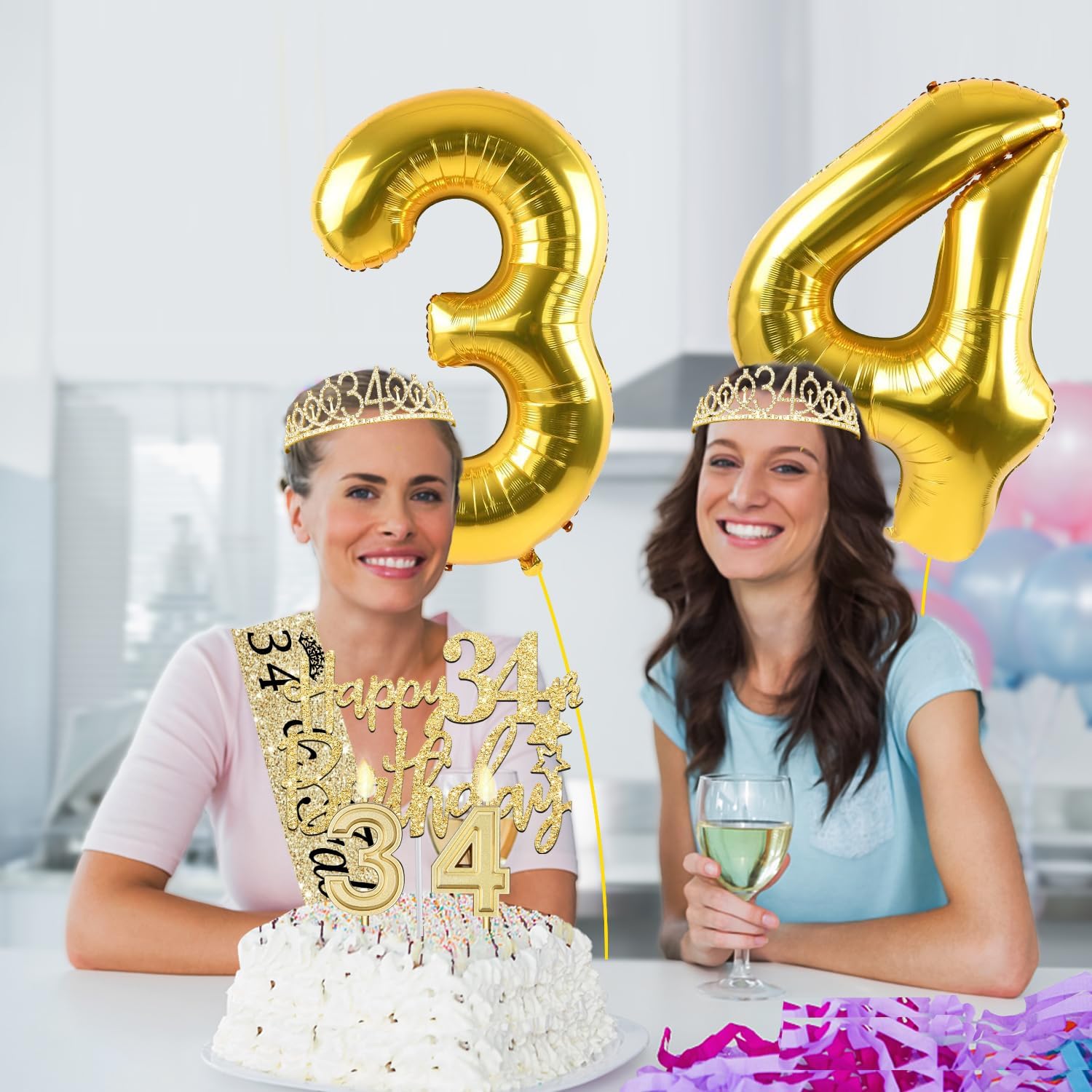 34th Birthday Decorations for Women Gold with 34th Birthday Sash and Crown, Cake Topper and Candles, Number Balloons, 34 Year Old Gifts for Women - Image 2