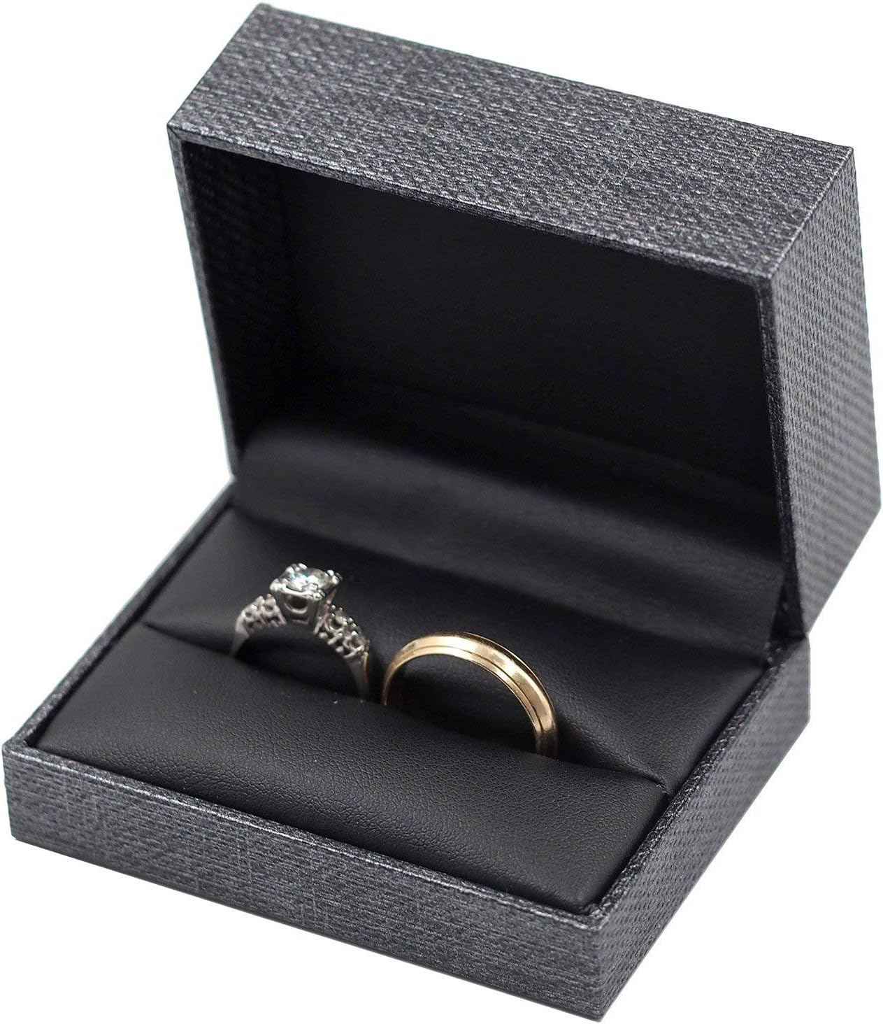 Premium Pebbled Grey Double Ring Jewelry Box w/Black Faux Leather Inset Top 3-Pack (3.1" x 2.4" x 1.5") for Packaging, Gift Boxes, Showcase and Tradeshow Display