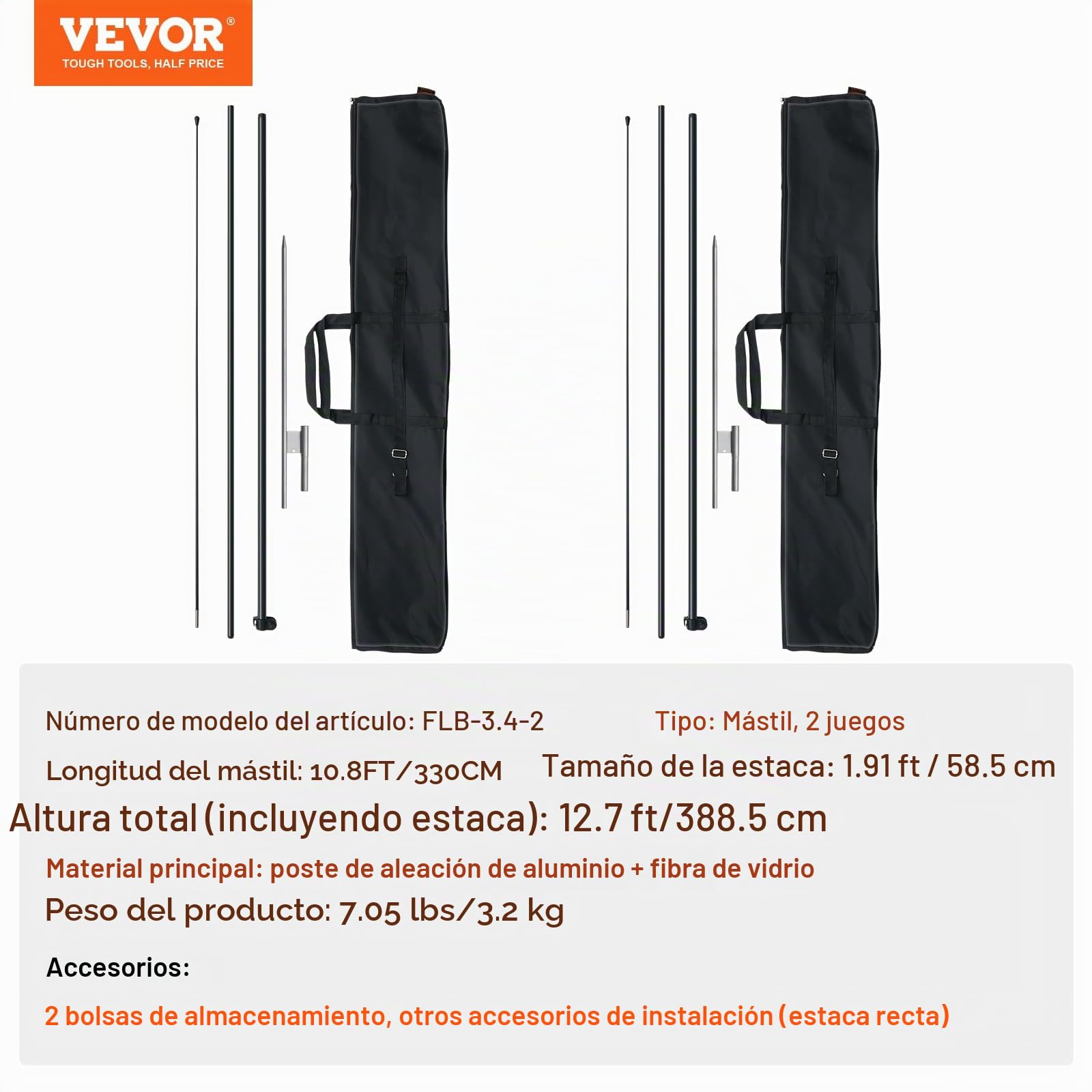 VEVOR 2 Paquetes Kit de Mástil de Bandera de Plumas de 388,5 cm con Estacas de Tierra y una Bolsa de Transporte (Bandera no Incluida), Mástiles de Bandera para Banderas Publicitarias Comerciales