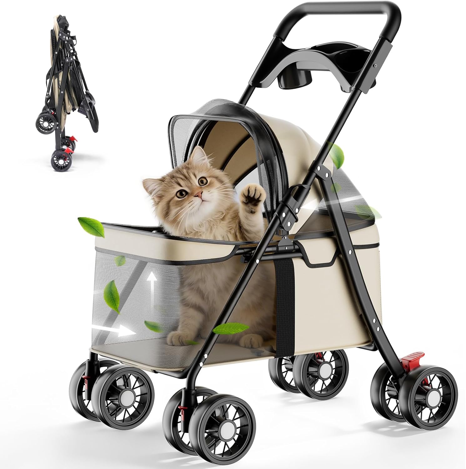 GTPLAYER Foldable Dog Stroller/Cat Stroller for Small Dogs & Cats up to 33 lbs, Pet Stroller with 360° Swivel Lockable Front Wheels, Rear Brakes, Safety Tethers, Breathable Mesh, Cup Holder, Beige