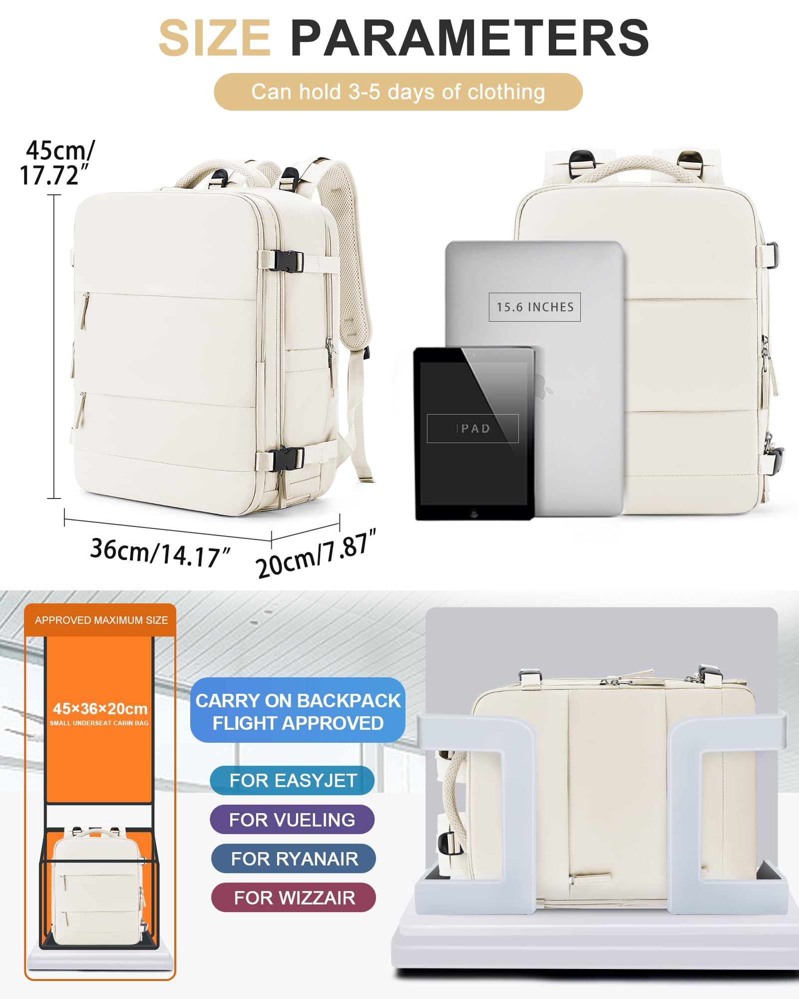 BJLFS Borse da Cabina per Ryanair 40x20x25 Bagaglio a Mano Zaino Borsa Zaino da Viaggio, Zaino da trekking,Zaino Easyjet 45x36x20,Zaino Casual per laptop da 14 pollici per scuola