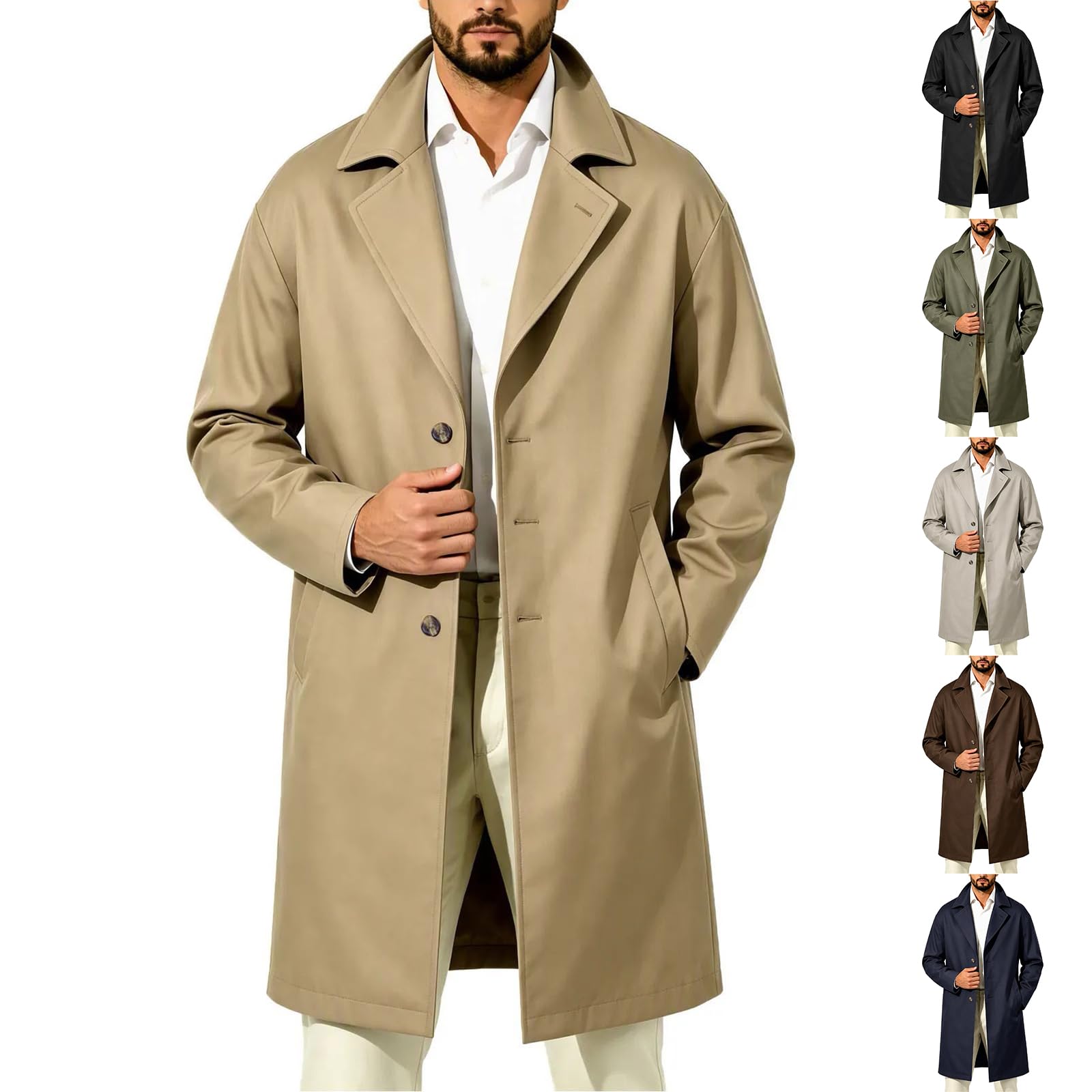 Mens Trench Coat Single Breasted Classic Notch Lapel Windbreaker Overcoat