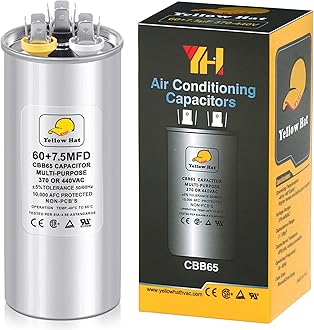 Capacitor for Air Conditioner 60+7.5 uf MFD 370 or 440 Volt VAC, Multi-Purpose Round Capacitor for AC Motor Run or Fan Motor Start or Condenser Straight